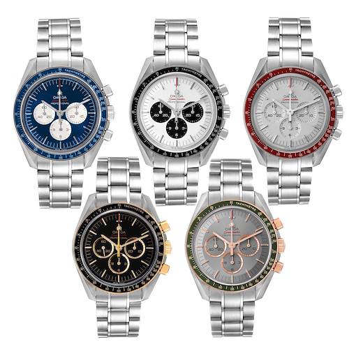 The image showcases five Omega Speedmaster watches front and center, each with distinct bezel colors and metal bracelets.