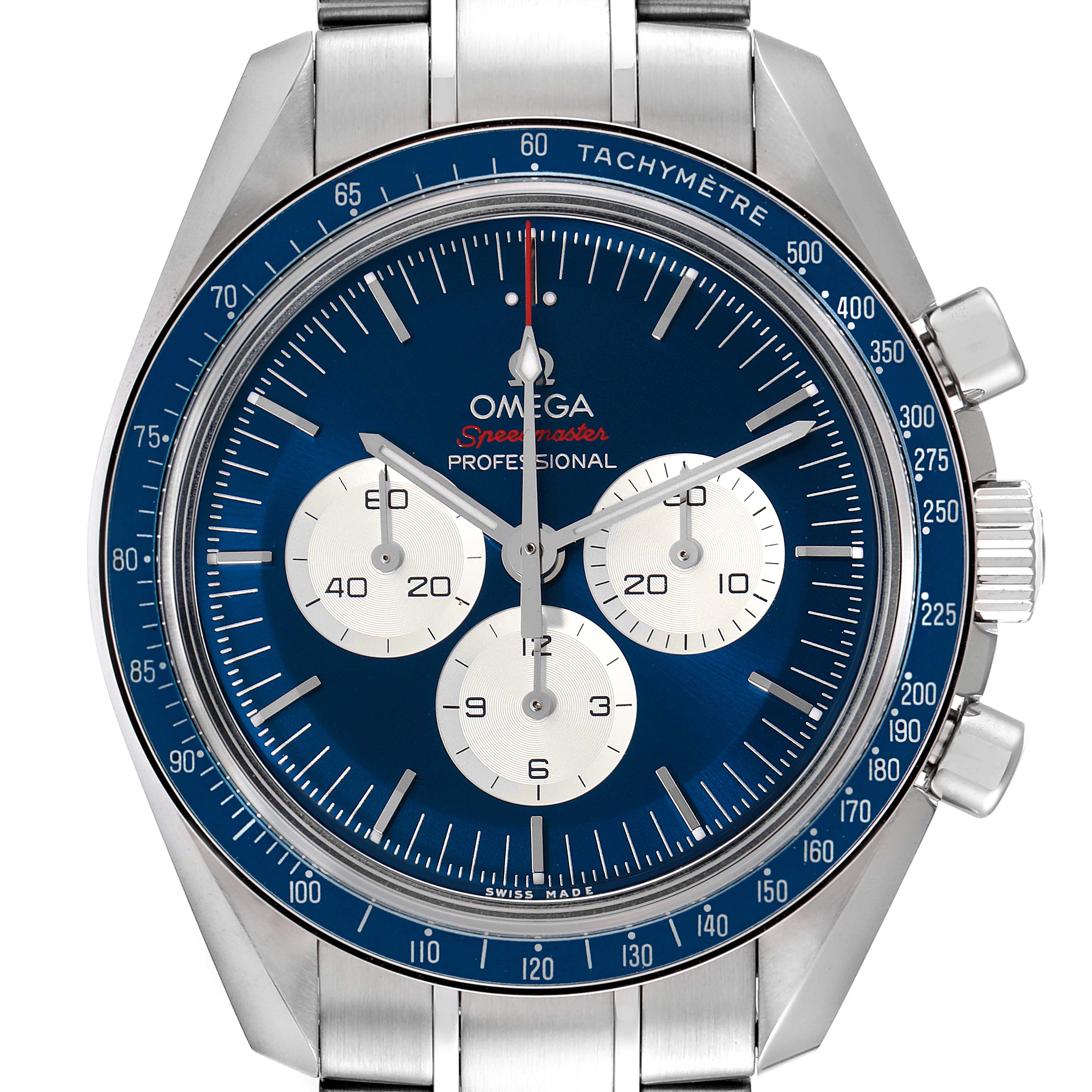 The image shows a frontal view of an Omega Speedmaster 522.20.42.30.01.001 Men's Stainless Steel Black Dial 522.20.42.30.01.001 Men's Stainless Steel Black Dial watch, highlighting the blue dial and tachymeter bezel.