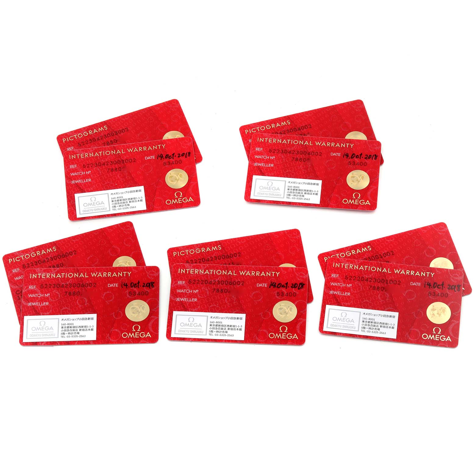 The image shows five international warranty cards for the Omega Speedmaster 522.30.42.30.04.001 Men's Stainless Steel Black Dial 522.30.42.30.04.001 Men's Stainless Steel Black Dial watch model.