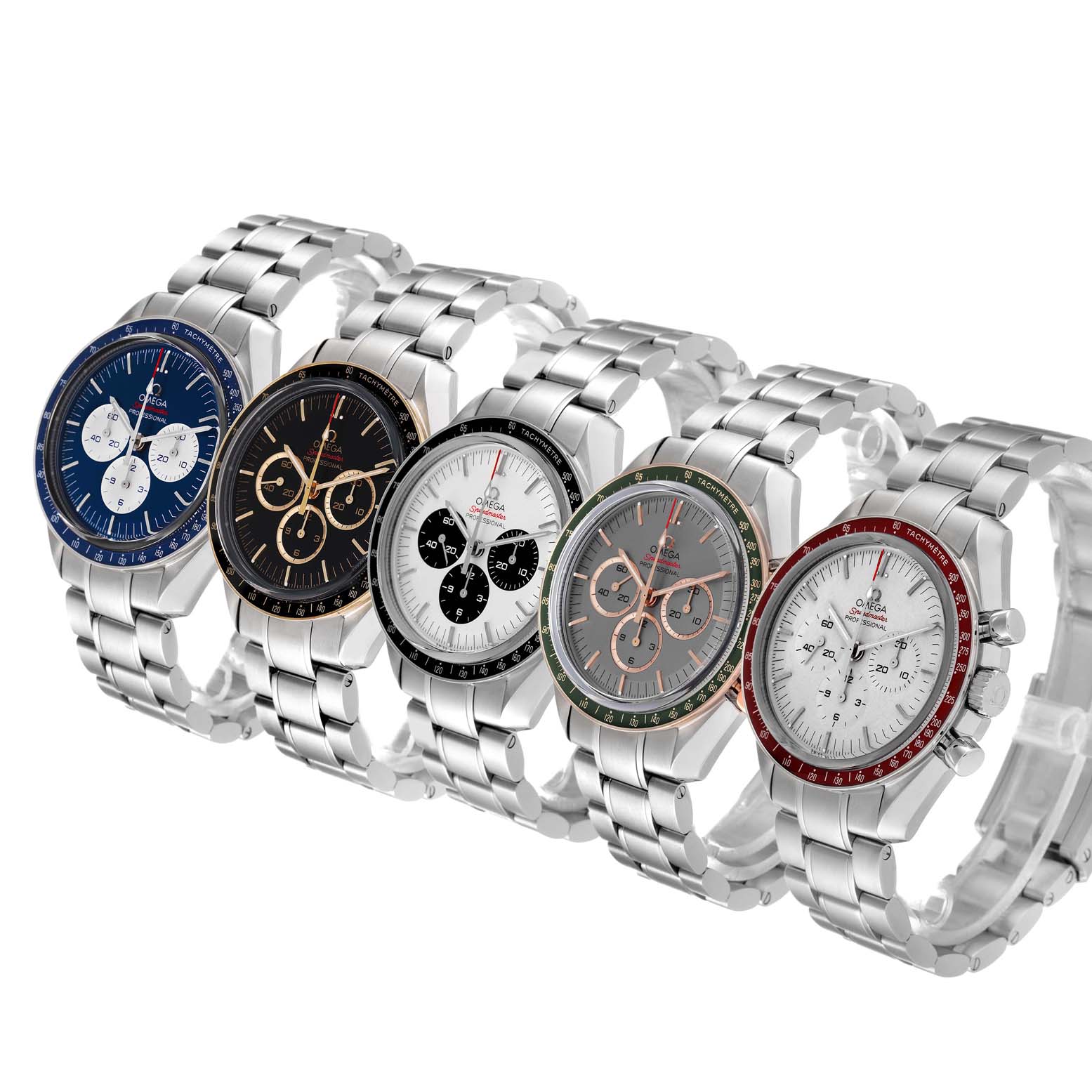 This image shows various Omega Speedmaster 522.30.42.30.04.001 Men's Stainless Steel Black Dial 522.30.42.30.04.001 Men's Stainless Steel Black Dial watches angled to display their dials and bracelets.