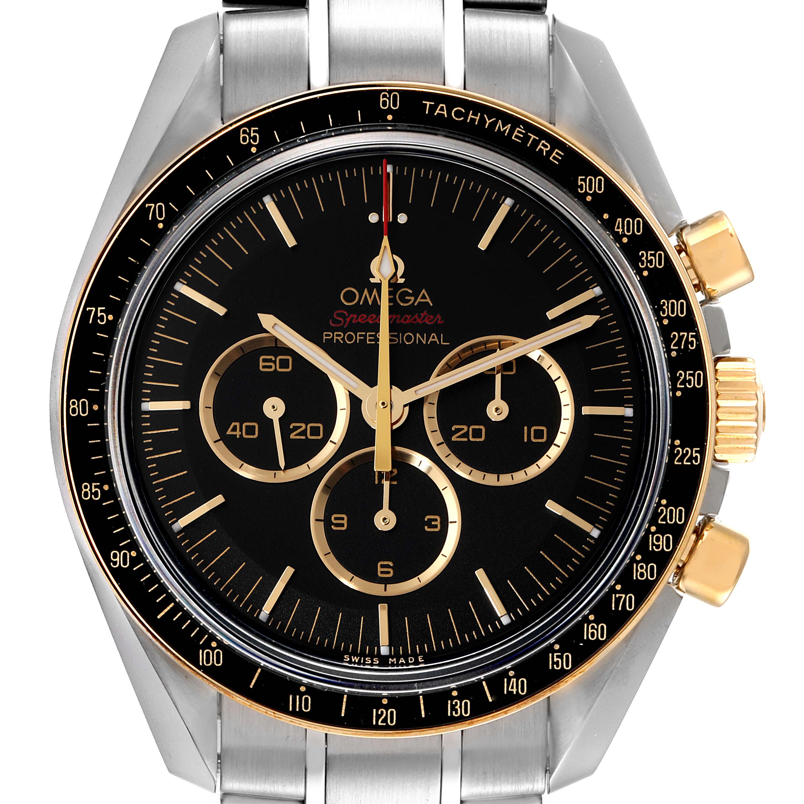 The image shows a front view of the Omega Speedmaster 522.20.42.30.06.001 Men's Stainless Steel Black Dial 522.20.42.30.06.001 Men's Stainless Steel Black Dial watch, highlighting its black dial, gold accents, and chronograph features.
