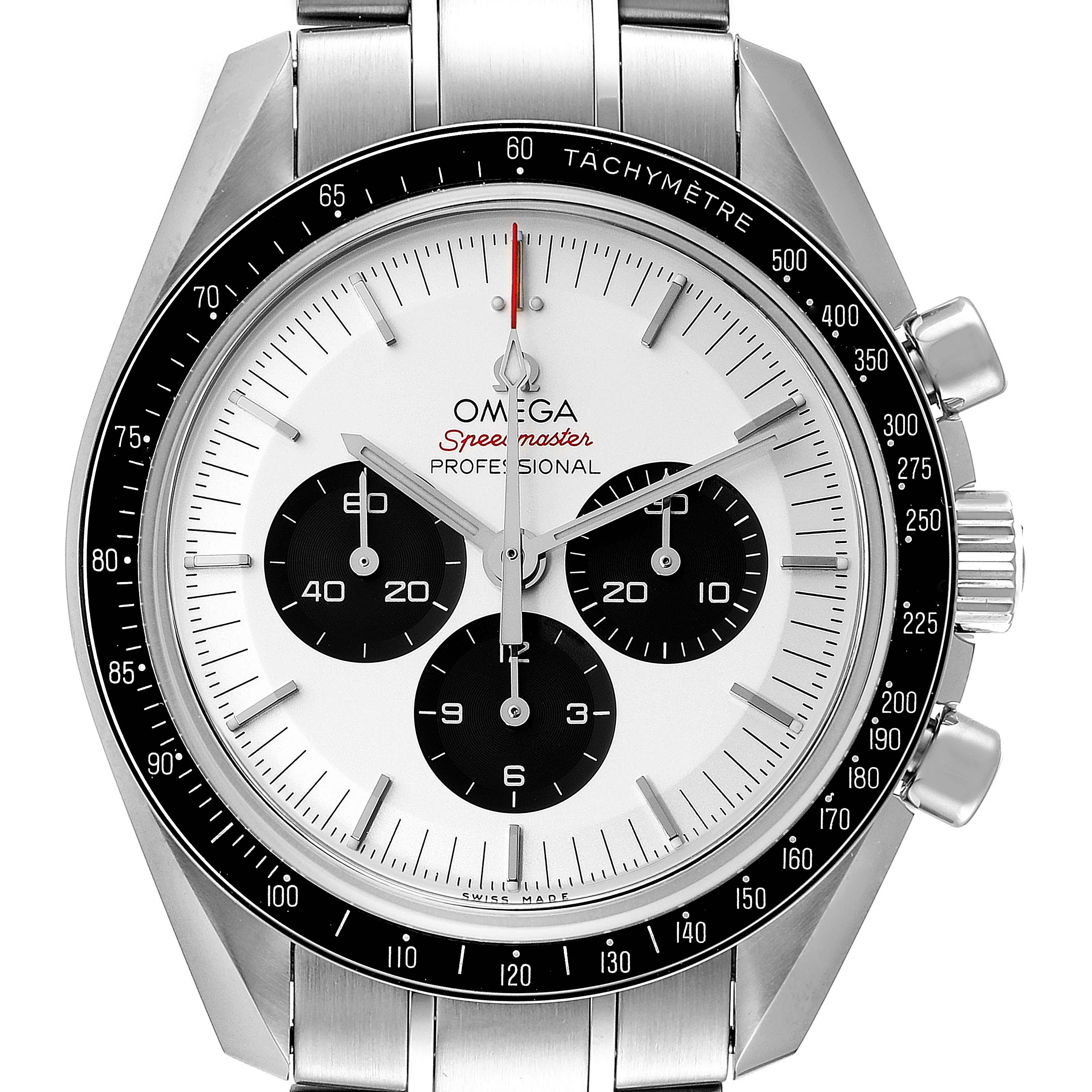 This image shows a frontal view of the Omega Speedmaster 522.20.42.30.06.001 Men's Stainless Steel Black Dial 522.20.42.30.06.001 Men's Stainless Steel Black Dial watch, highlighting its dial, bezel, and pushers.