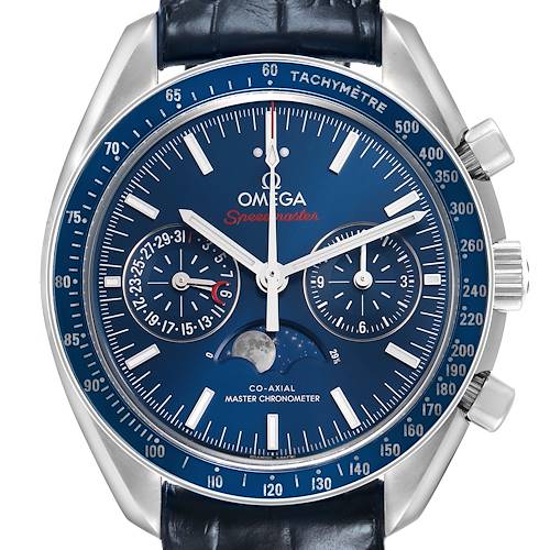 The Omega Speedmaster 304.33.44.52.03.001 Men's Stainless Steel Blue Dial watch is shown from the front, displaying the dial, tachymeter bezel, and chronograph subdials.