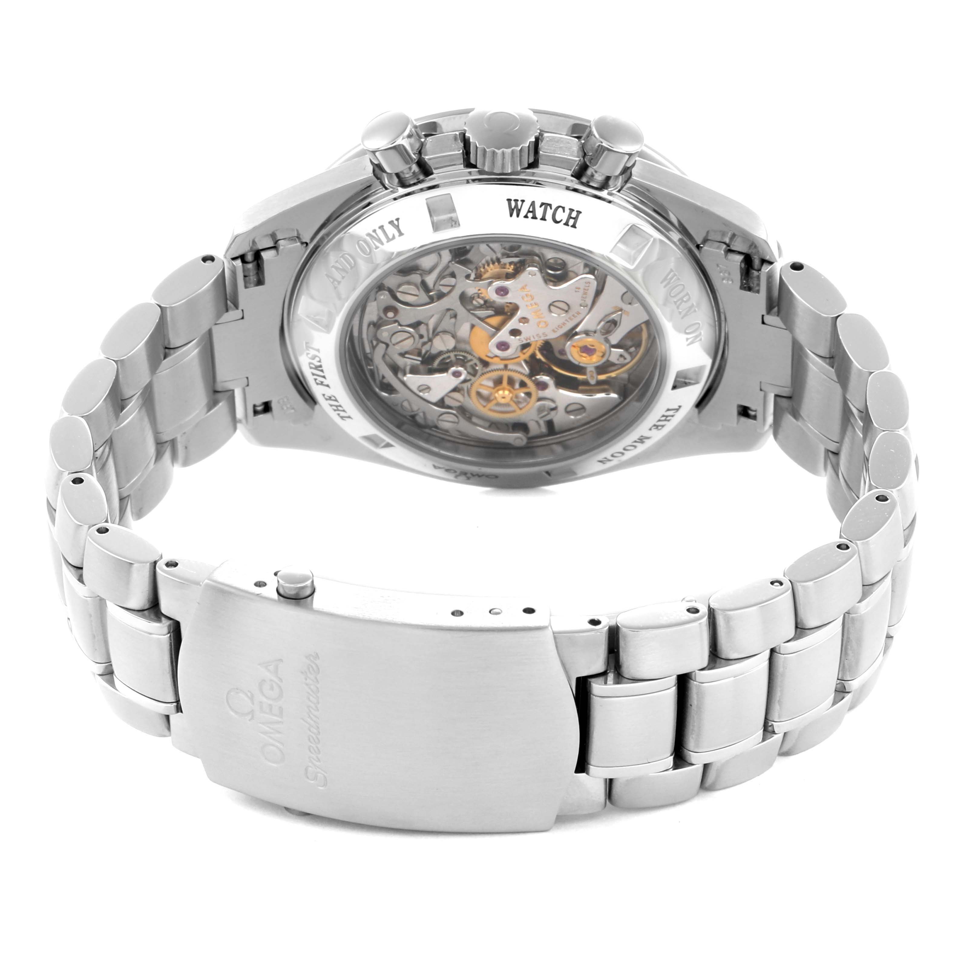 The image shows the back of an Omega Speedmaster 3876.50 Men
s Stainless Steel Black Dial, highlighting its open case back and metal bracelet clasp.