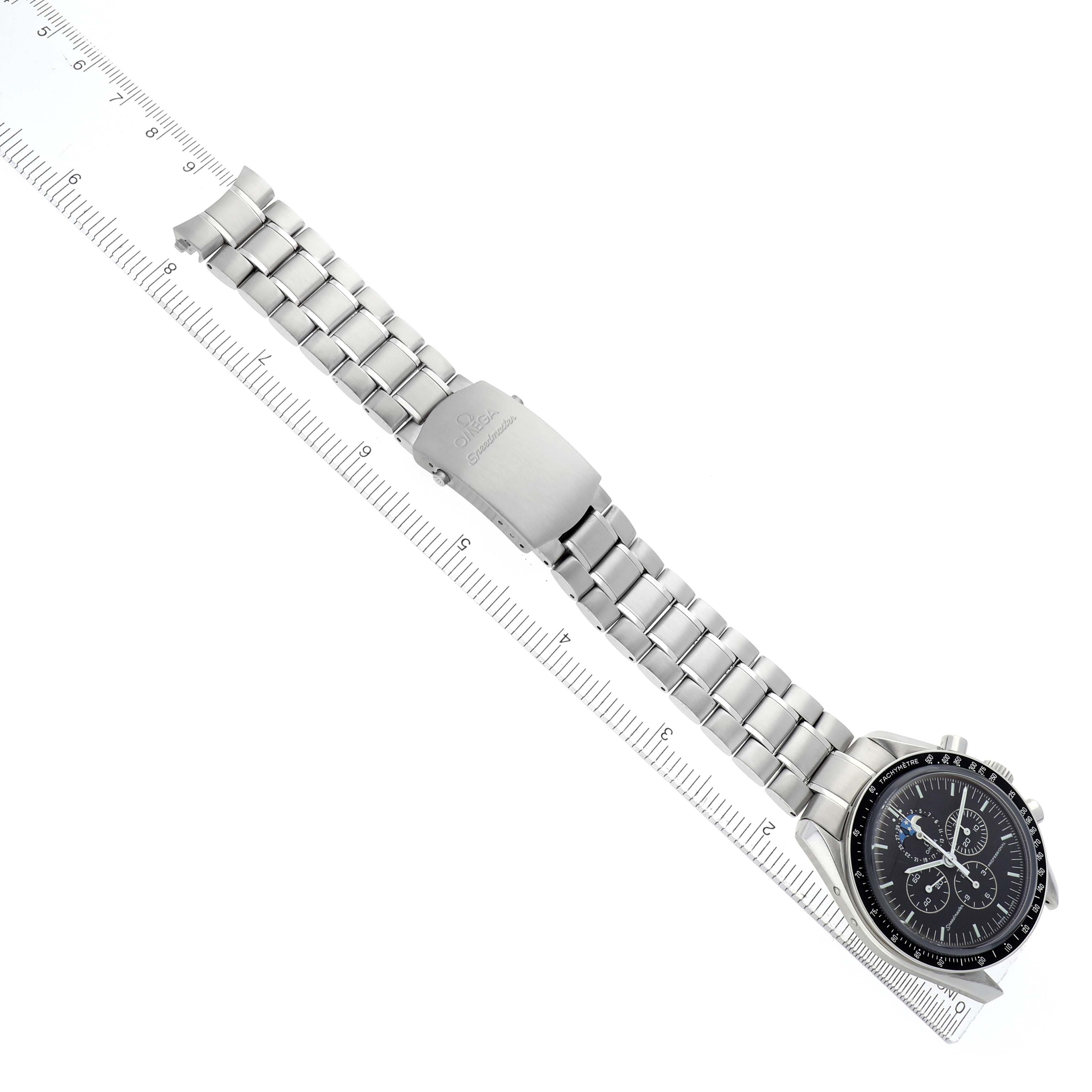 The image shows an Omega Speedmaster 3876.50 Men
s Stainless Steel Black Dial watch at a diagonal angle, displaying the bracelet, clasp, and watch face.