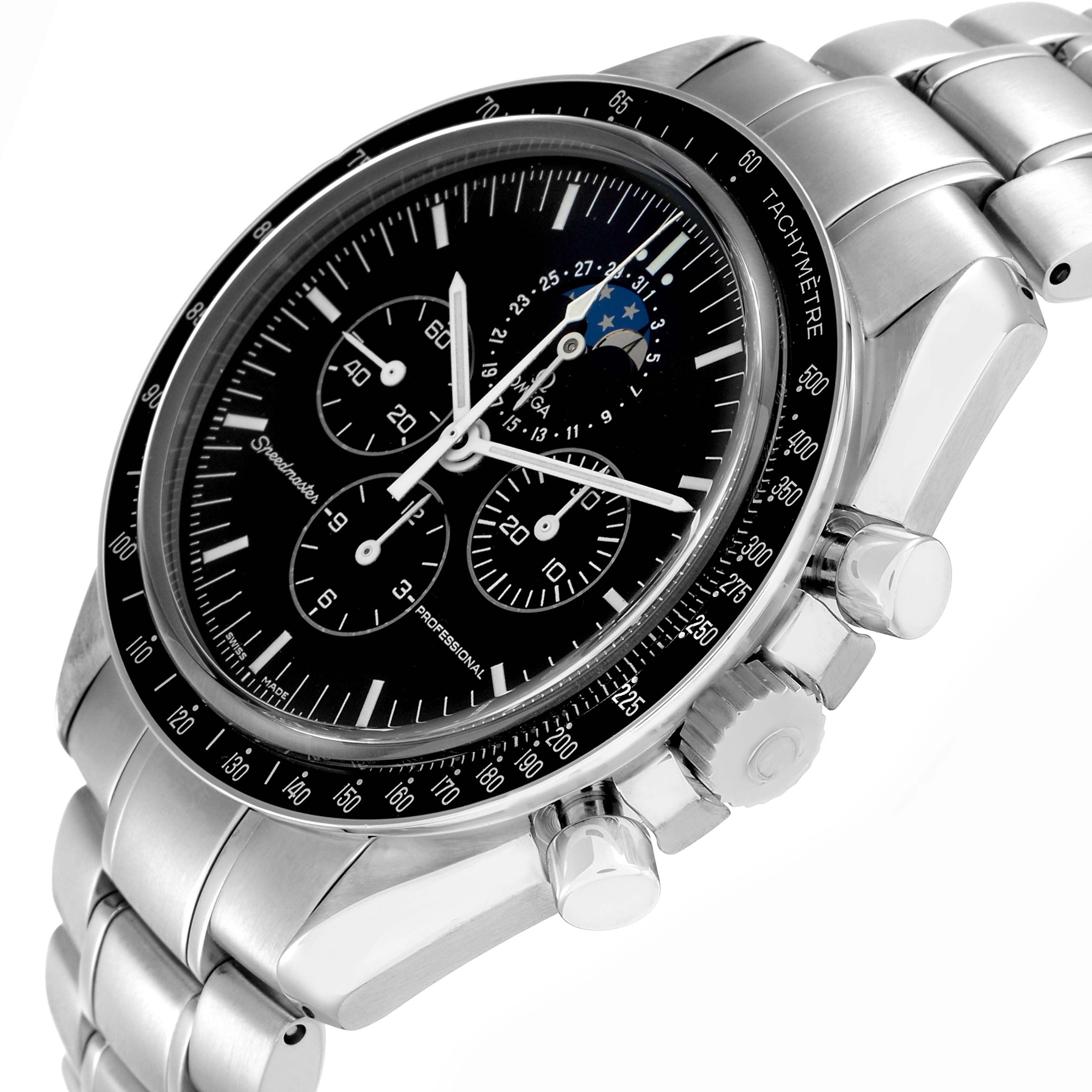 The Omega Speedmaster 3876.50 Men
s Stainless Steel Black Dial watch is shown at an angled side view, highlighting the dial, crown, and pushers.