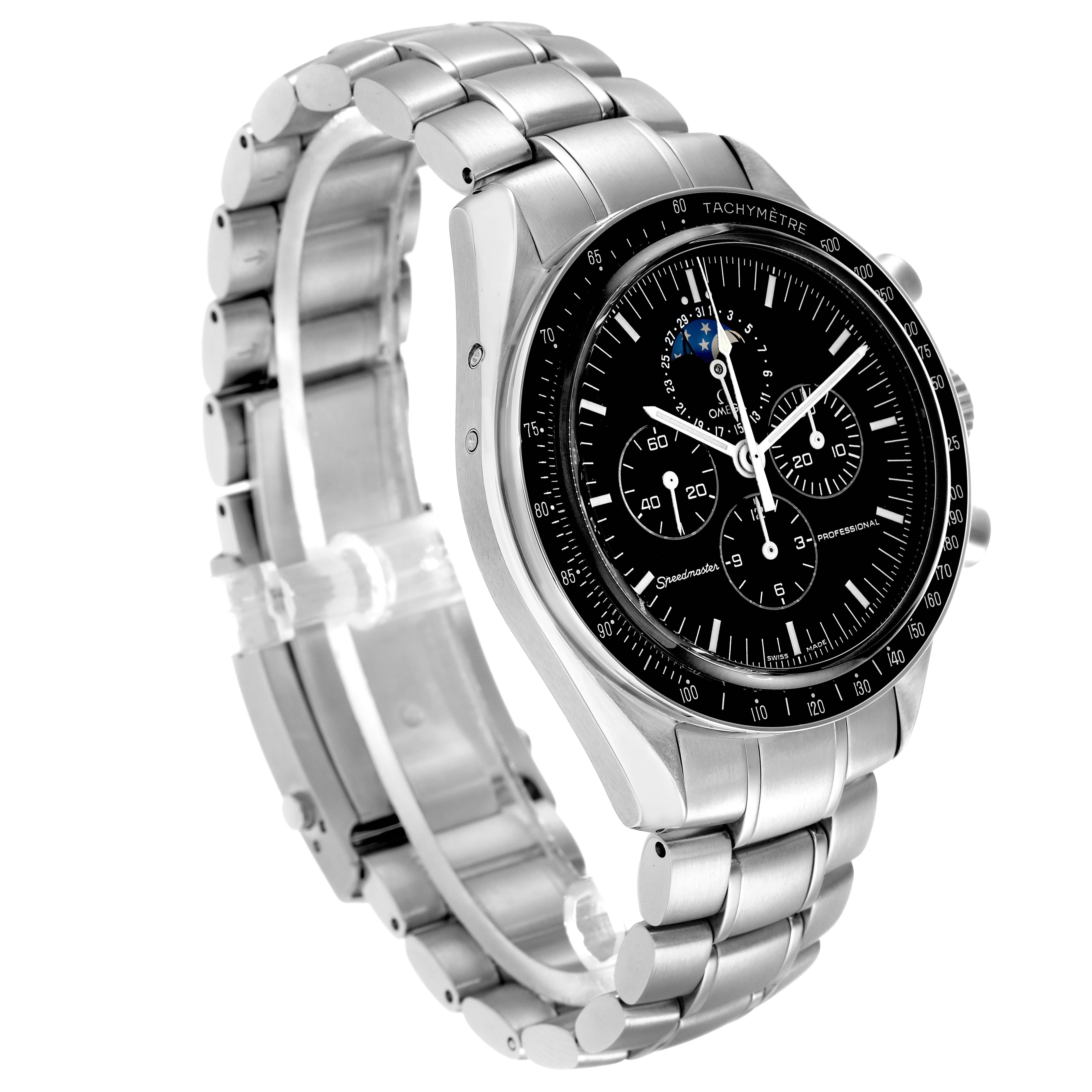 The Omega Speedmaster 3876.50 Men
s Stainless Steel Black Dial is shown at a slight three-quarter angle, highlighting its face, tachymeter bezel, and stainless steel bracelet.