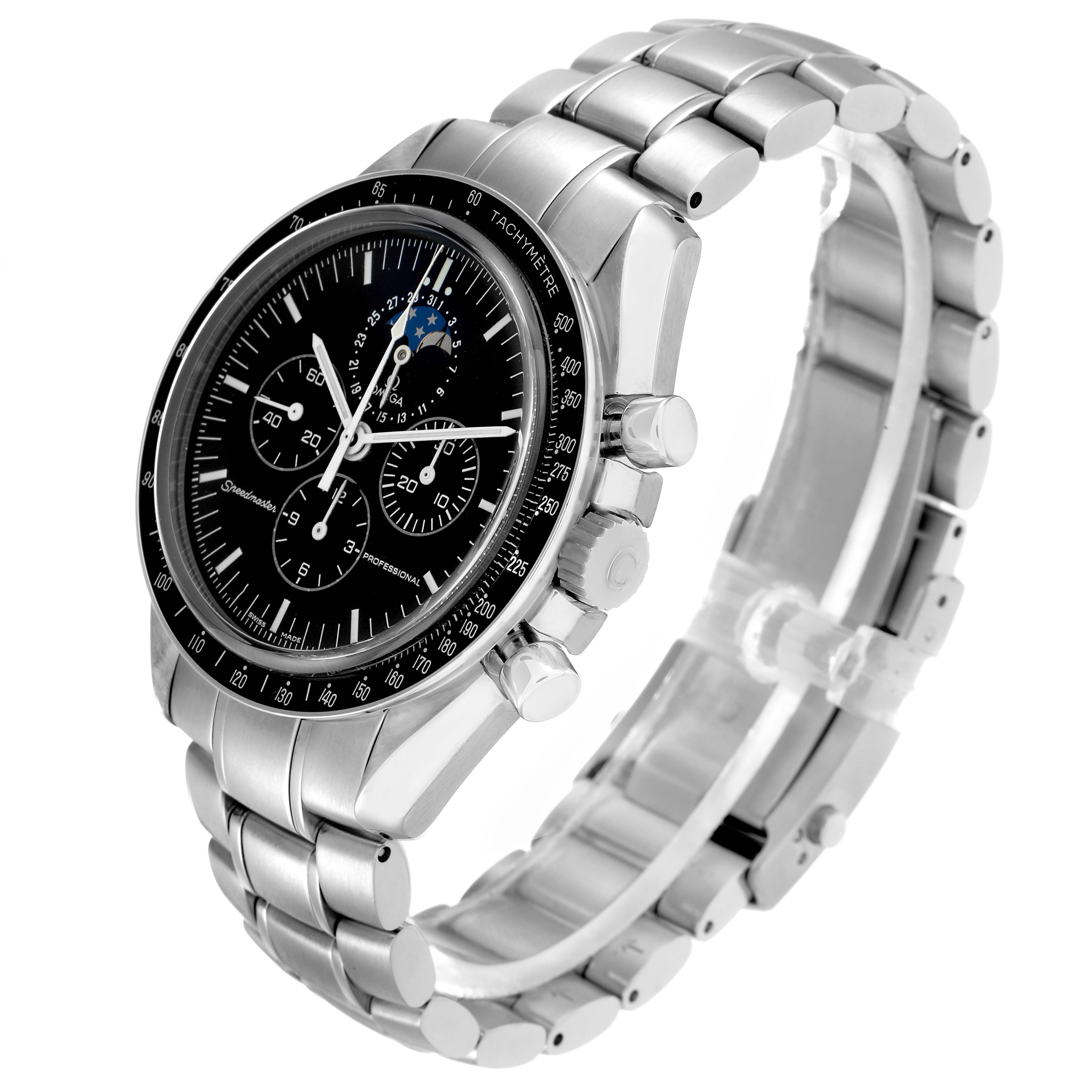 The Omega Speedmaster 3876.50 Men
s Stainless Steel Black Dial watch is shown from a three-quarter angle, highlighting the face, bezel, pushers, crown, and bracelet.