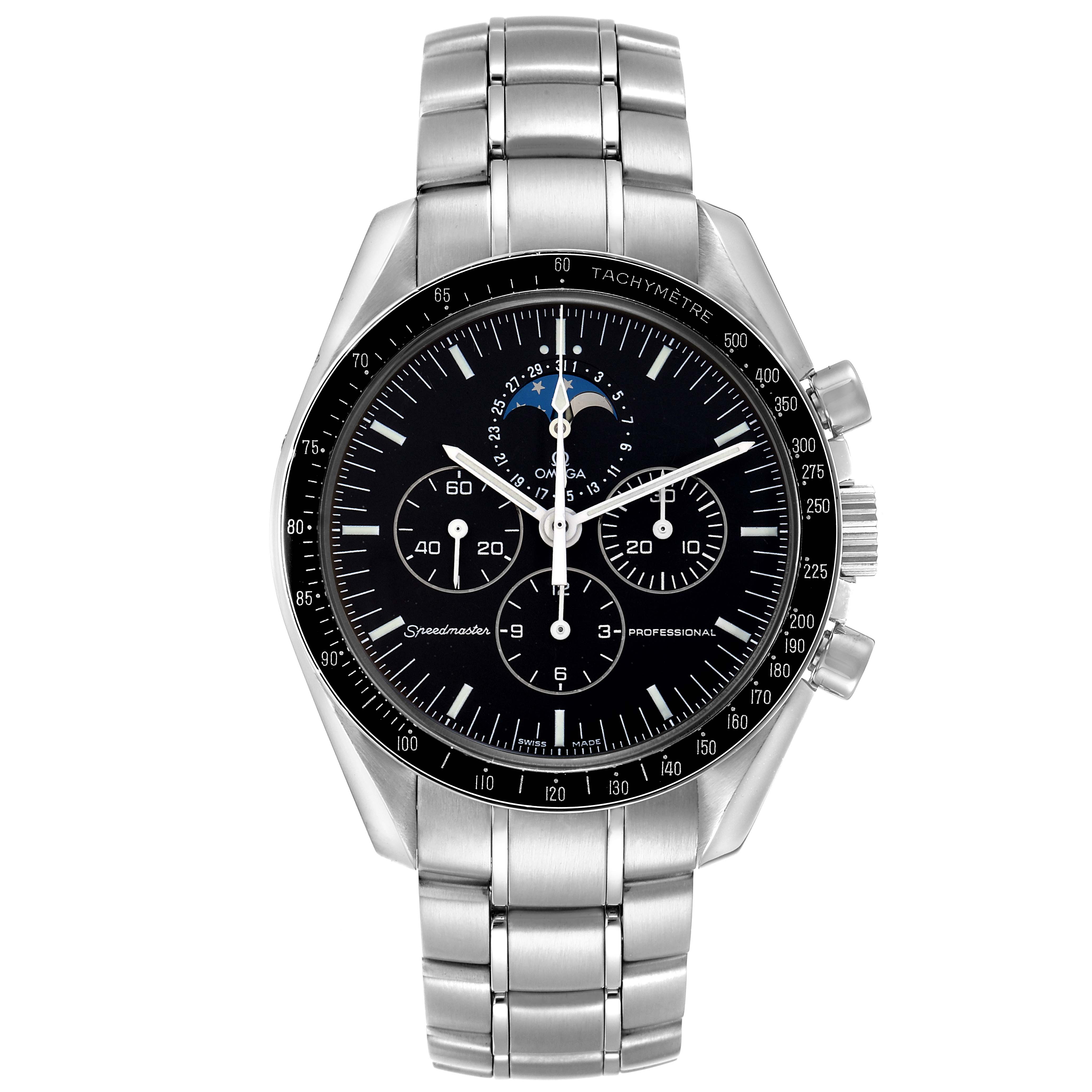 The Omega Speedmaster 3876.50 Men
s Stainless Steel Black Dial is shown from a front angle, highlighting the dial, subdials, bezel, and bracelet.