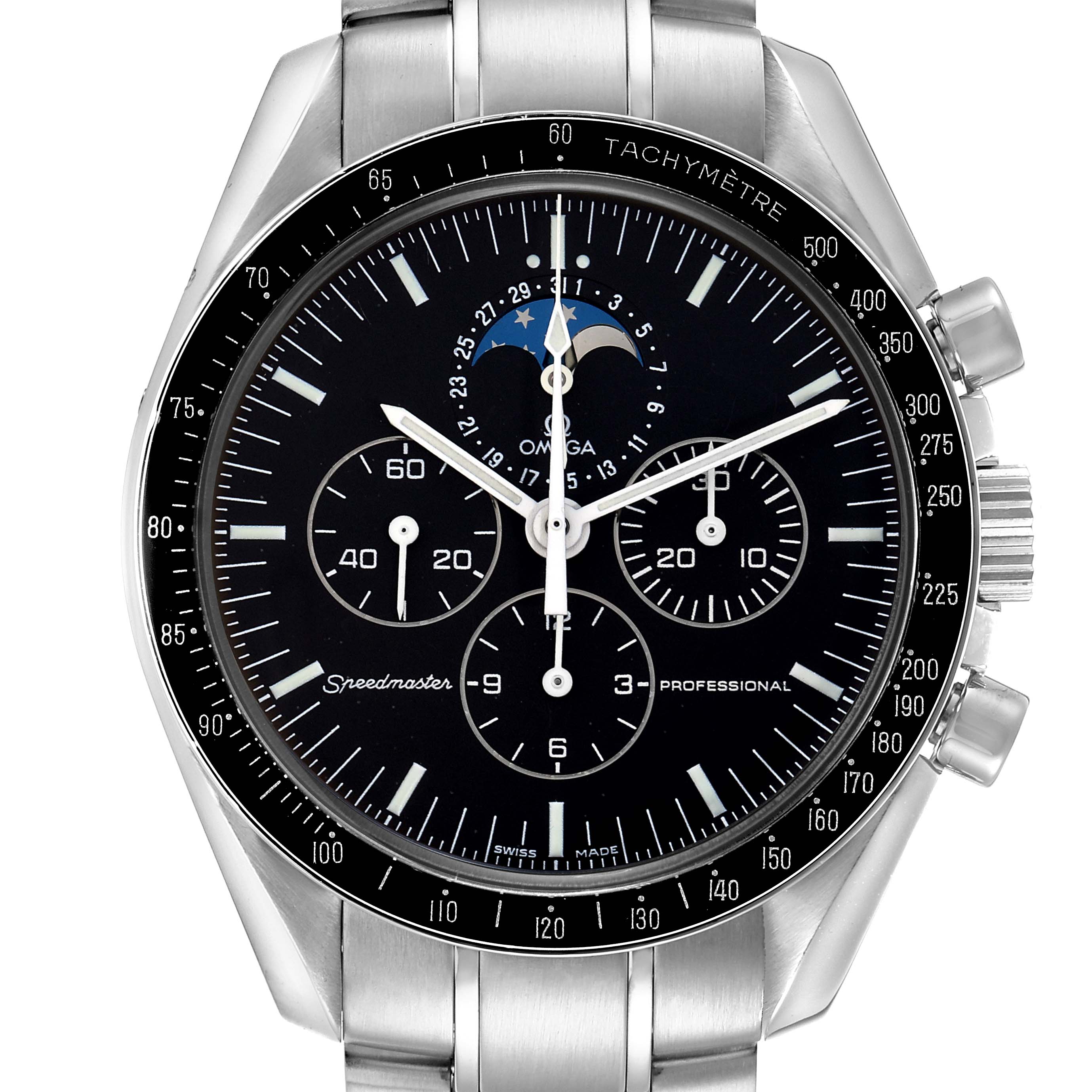 The Omega Speedmaster 3876.50 Men
s Stainless Steel Black Dial watch is shown from the front, highlighting the dial, bezel, and chronograph features.