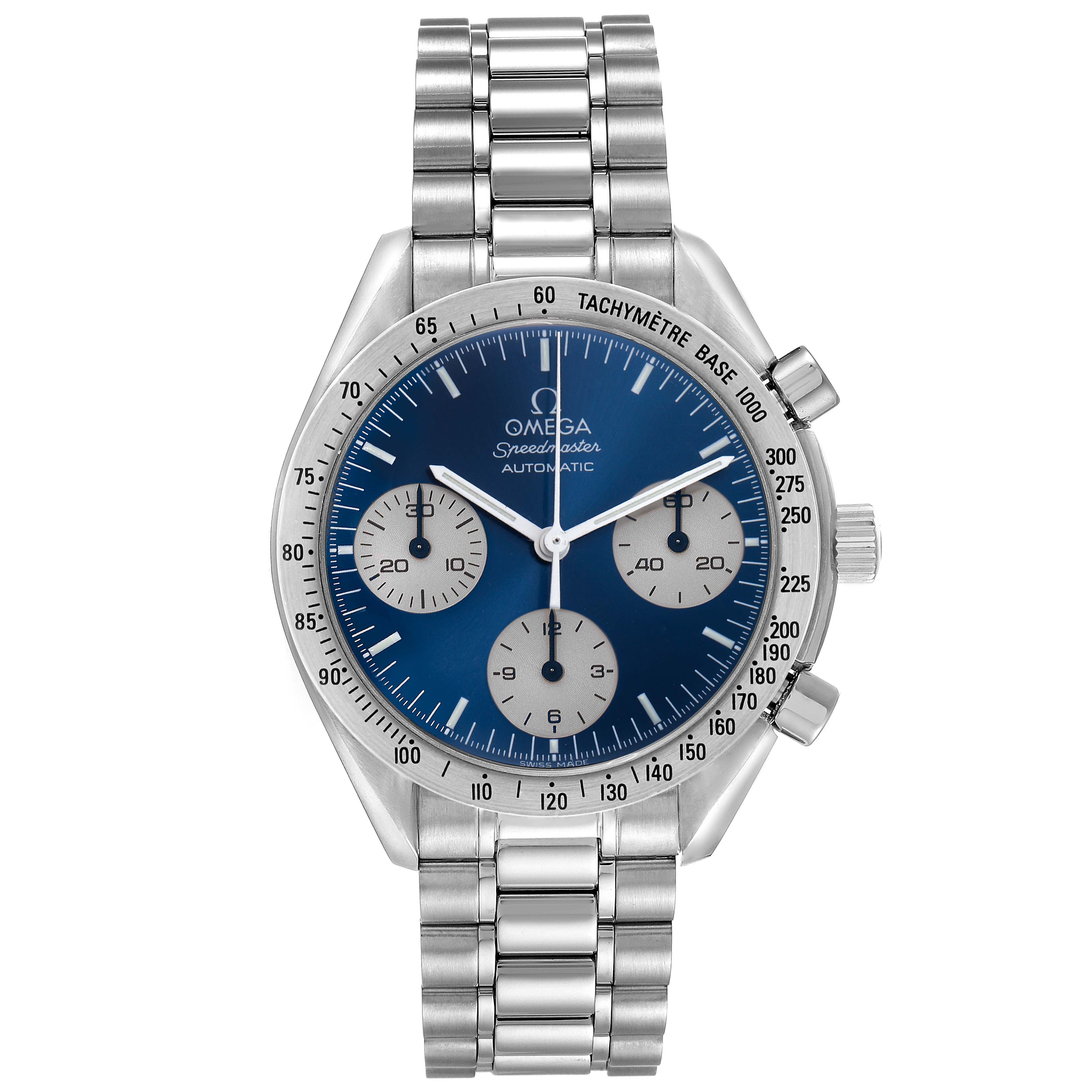 The Omega Speedmaster model 3510.82.00 men
s watch is shown from a front angle, displaying the blue dial, subdials, bezel, and metal bracelet.