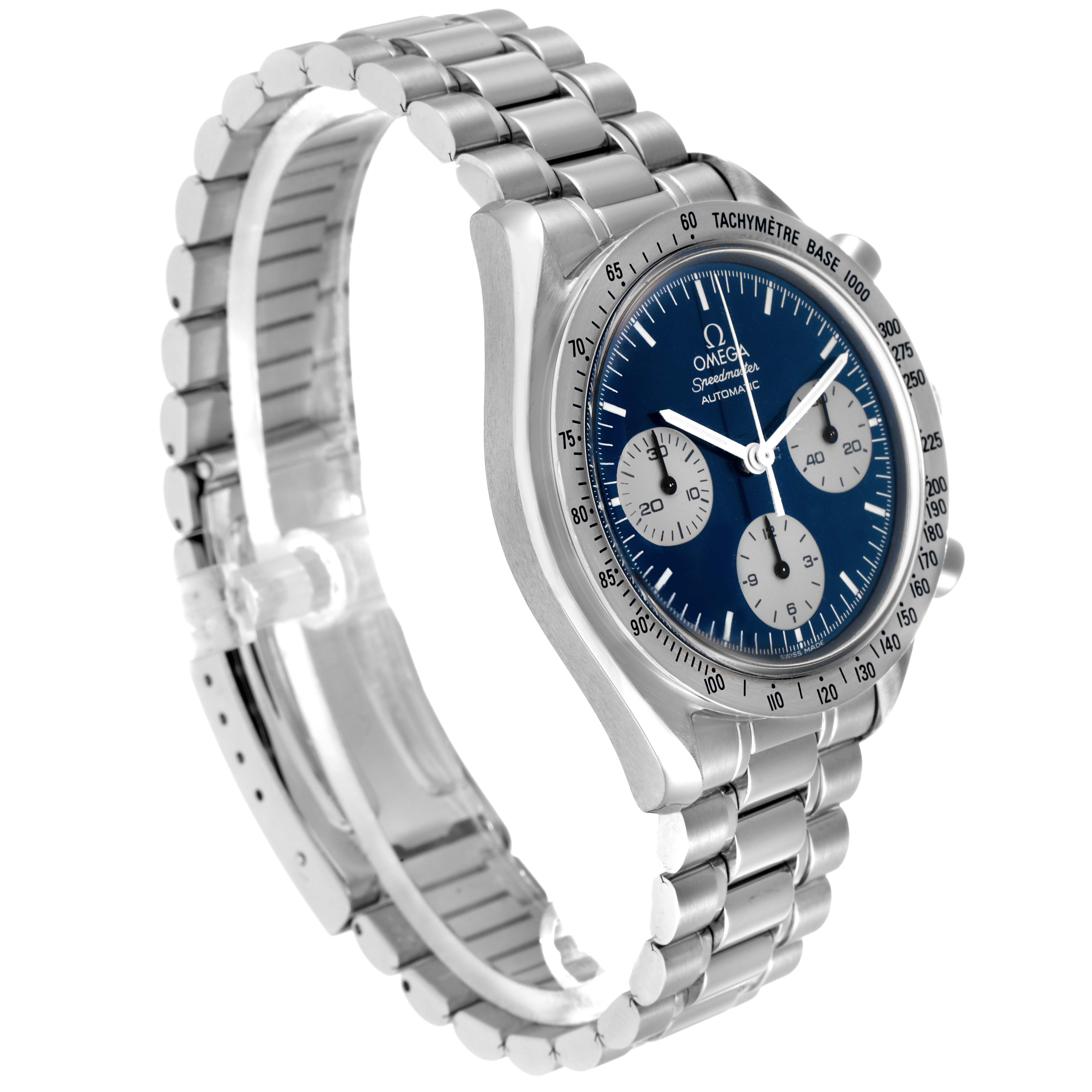 The Omega Speedmaster model 3510.82.00 is shown at a slight angle, displaying the dial, tachymetric bezel, case, and stainless steel bracelet.