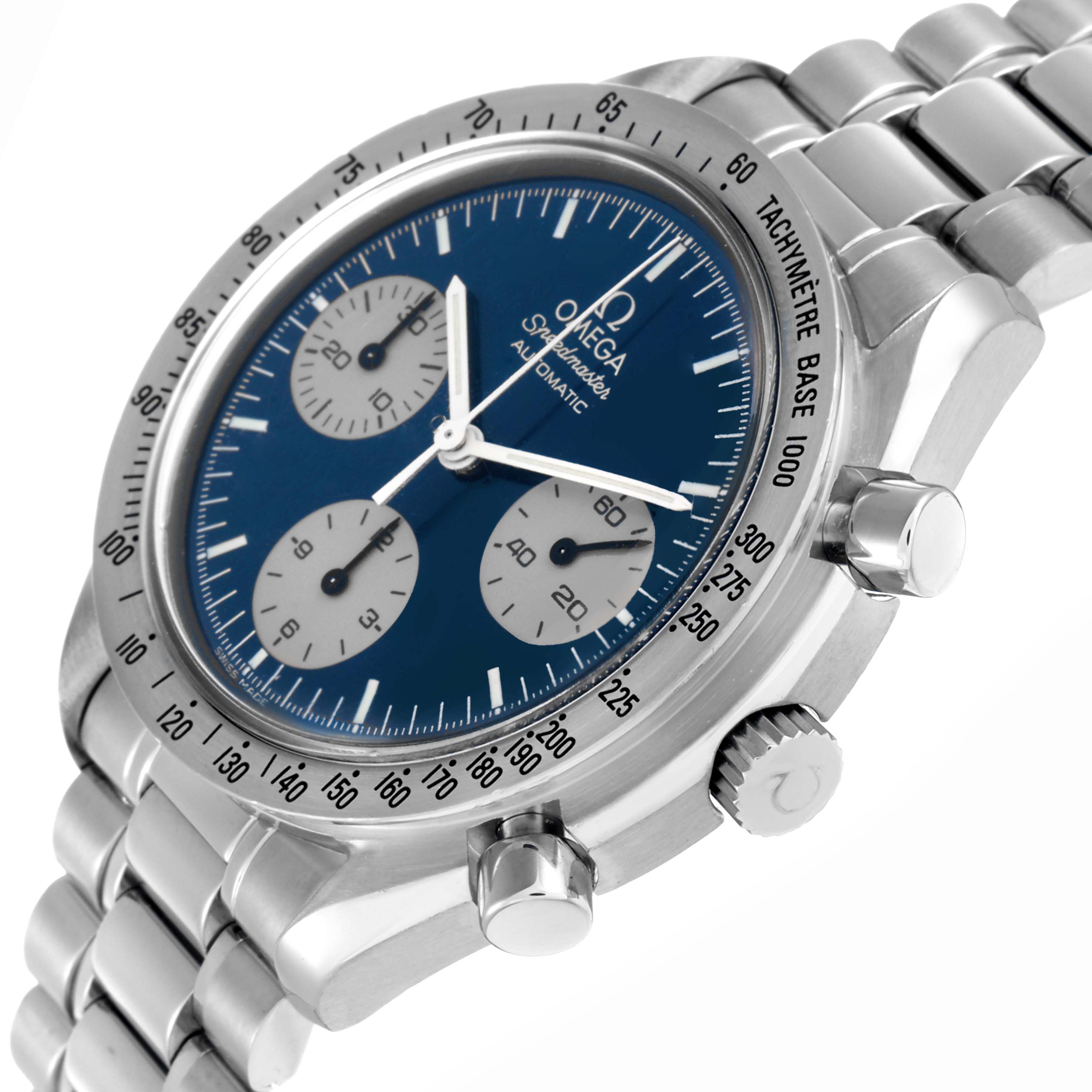 The Omega Speedmaster model 3510.82.00 men
s watch is shown at a three-quarter angle, displaying the blue dial, tachymeter bezel, and stainless steel bracelet.