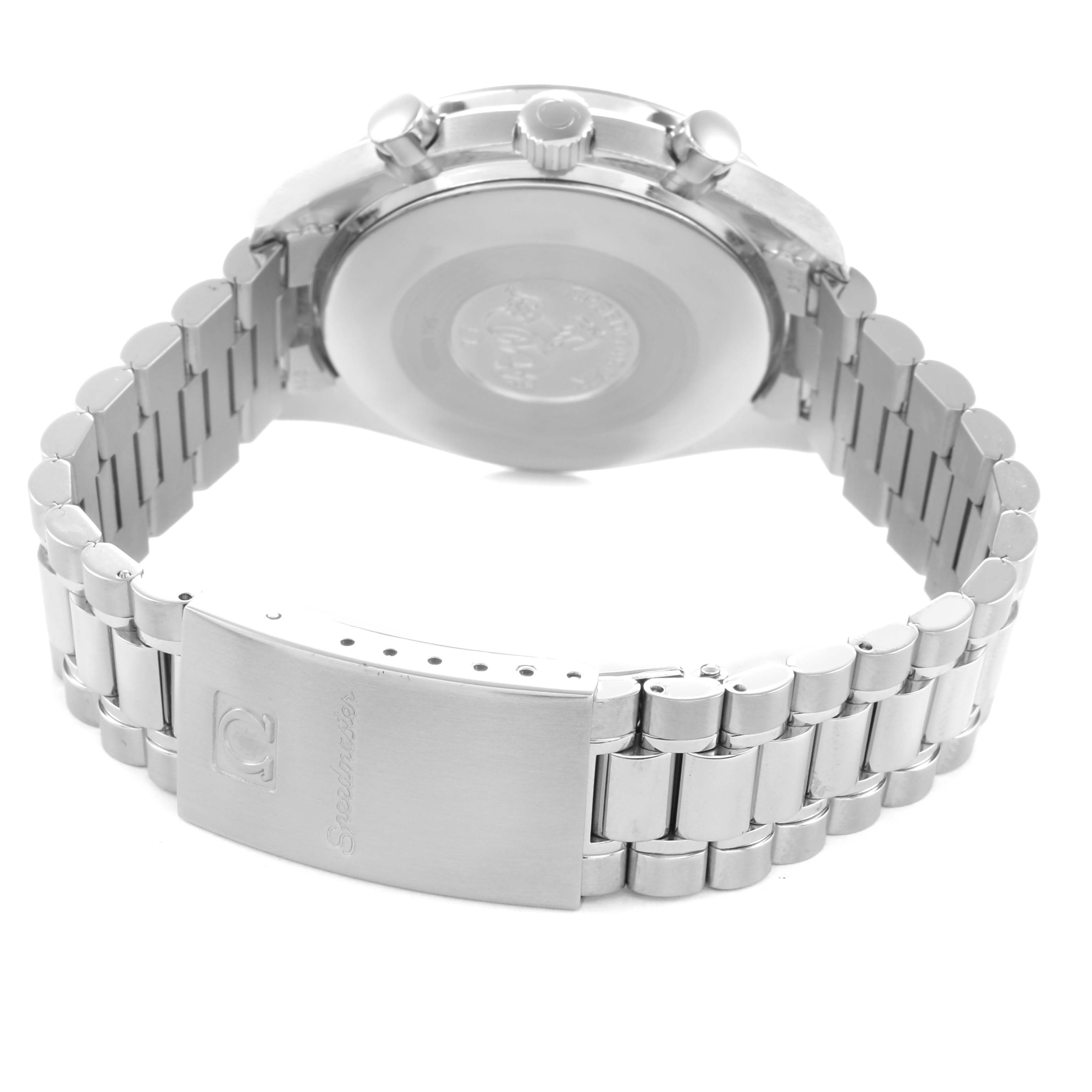 The Omega Speedmaster model 3510.82.00 is shown from the back, highlighting the case back, bracelet, and clasp.