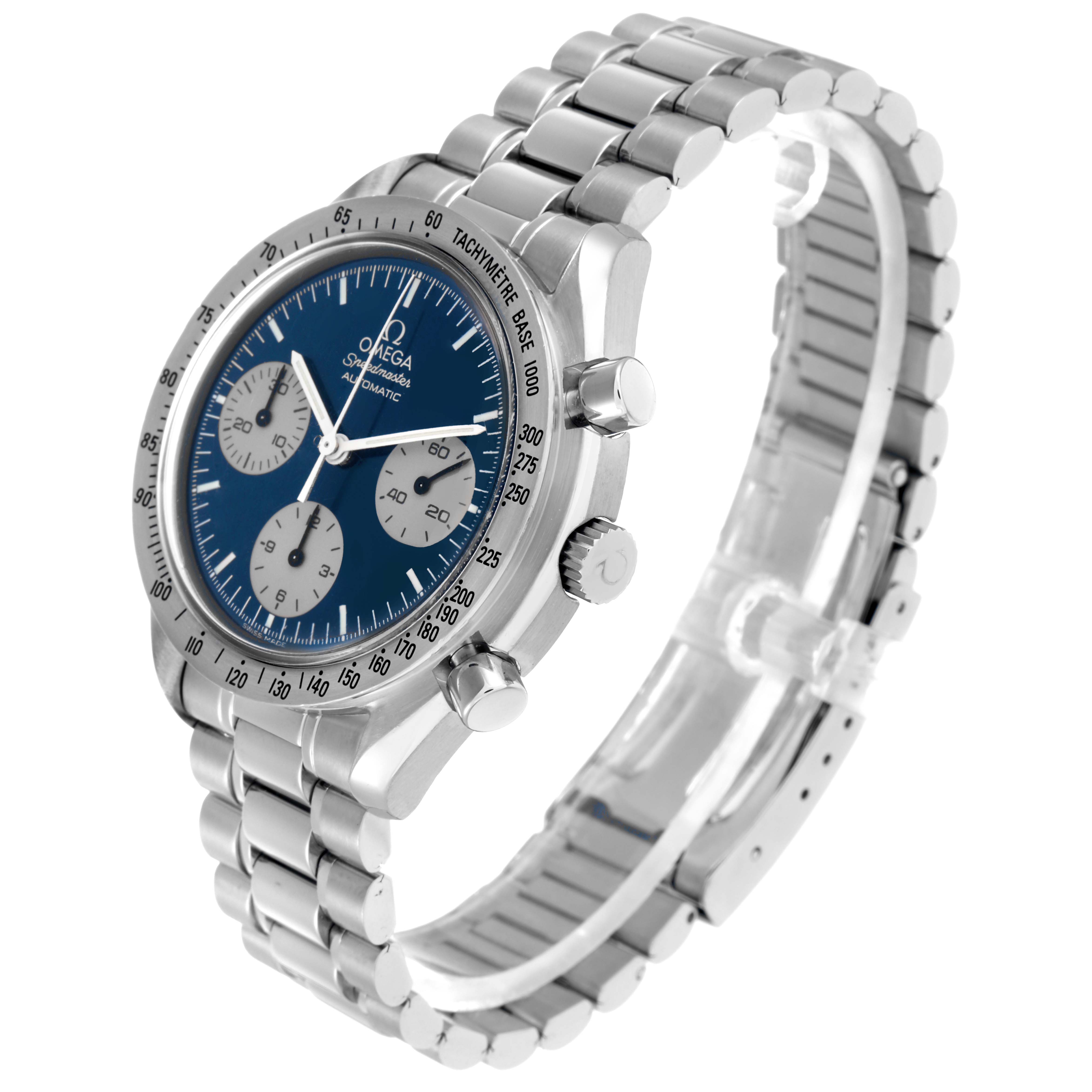 The image shows an Omega Speedmaster model 3510.82.00 men
s watch at a three-quarter angle, highlighting its blue dial, bezel, and metal bracelet.