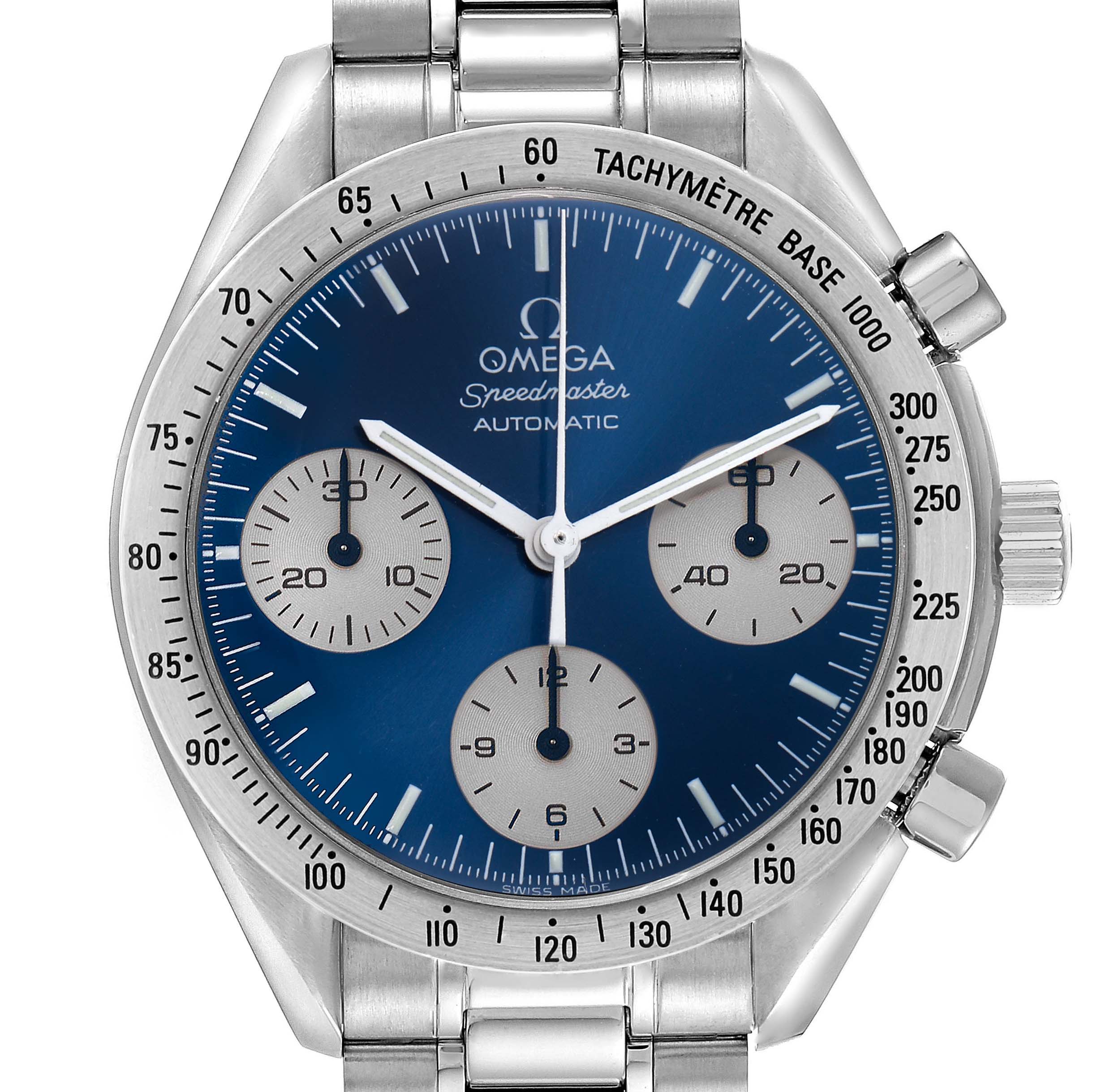 The Omega Speedmaster model 3510.82.00 watch is shown from a front angle, highlighting its blue dial, subdials, tachymeter bezel, and stainless steel bracelet.