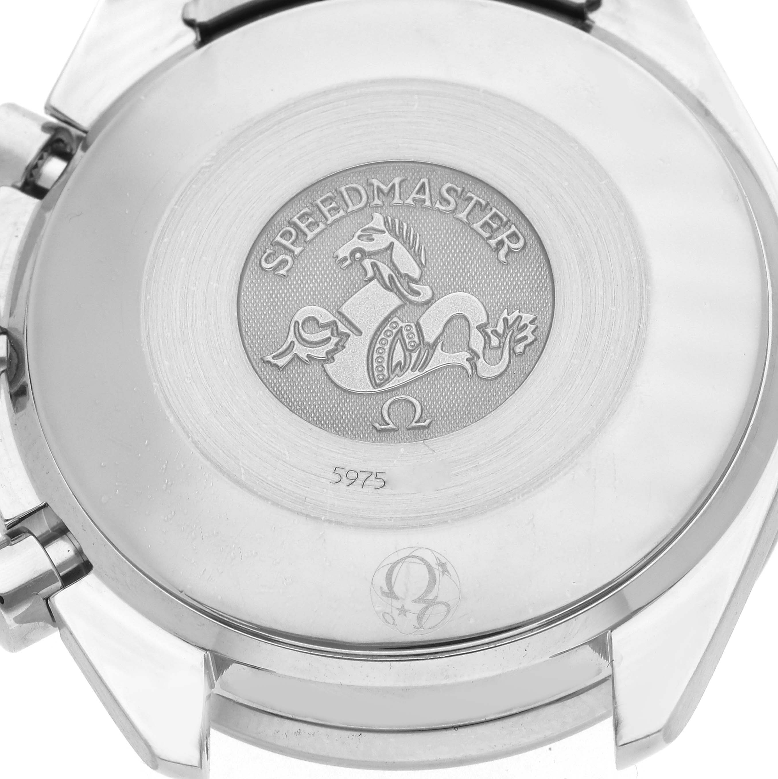 The image shows the back case of an Omega Speedmaster, model 3539.50.00, with the emblem and "Speedmaster" engraved.