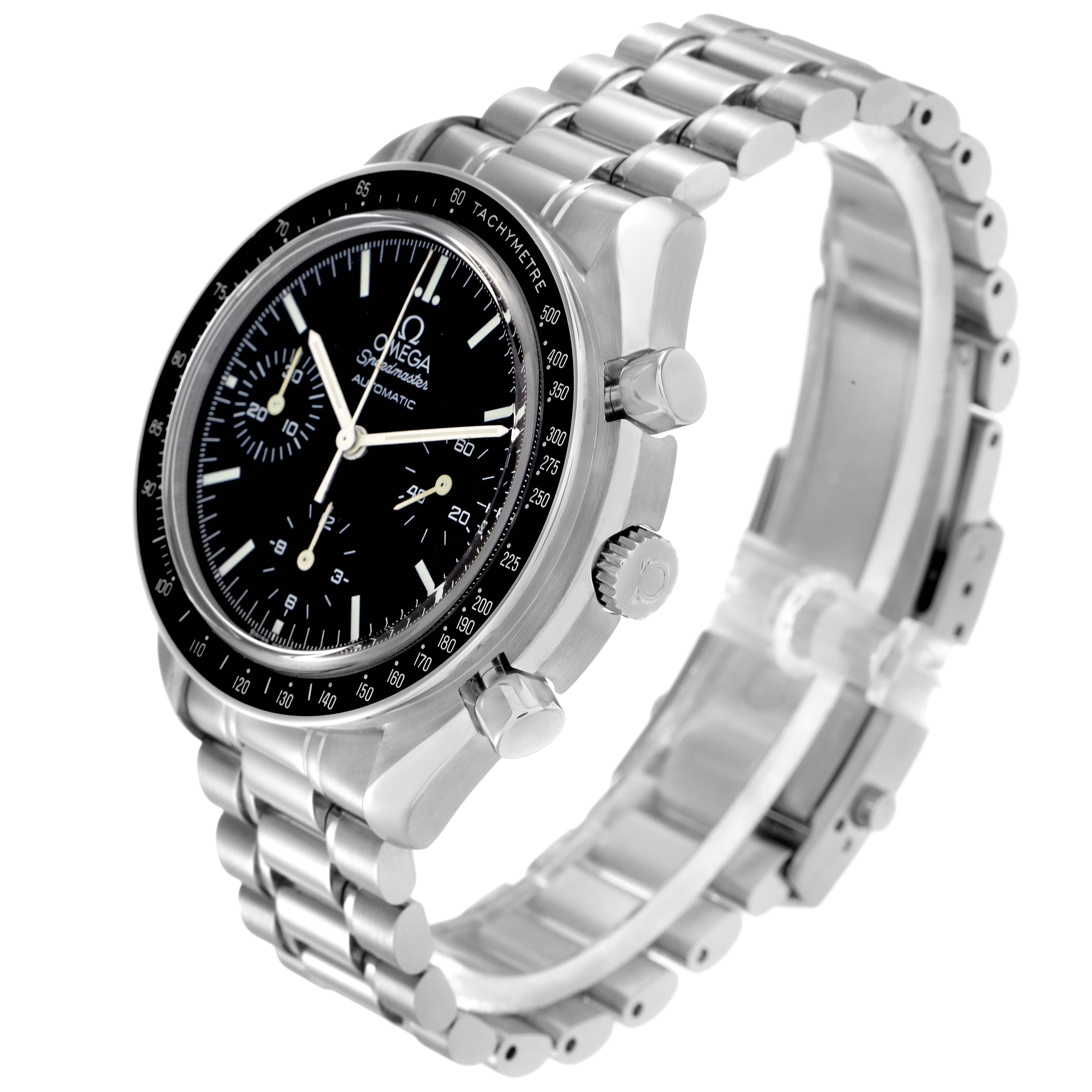 The Omega Speedmaster model 3539.50.00 is shown at an angle highlighting the face, bezel, crown, pushers, and bracelet.