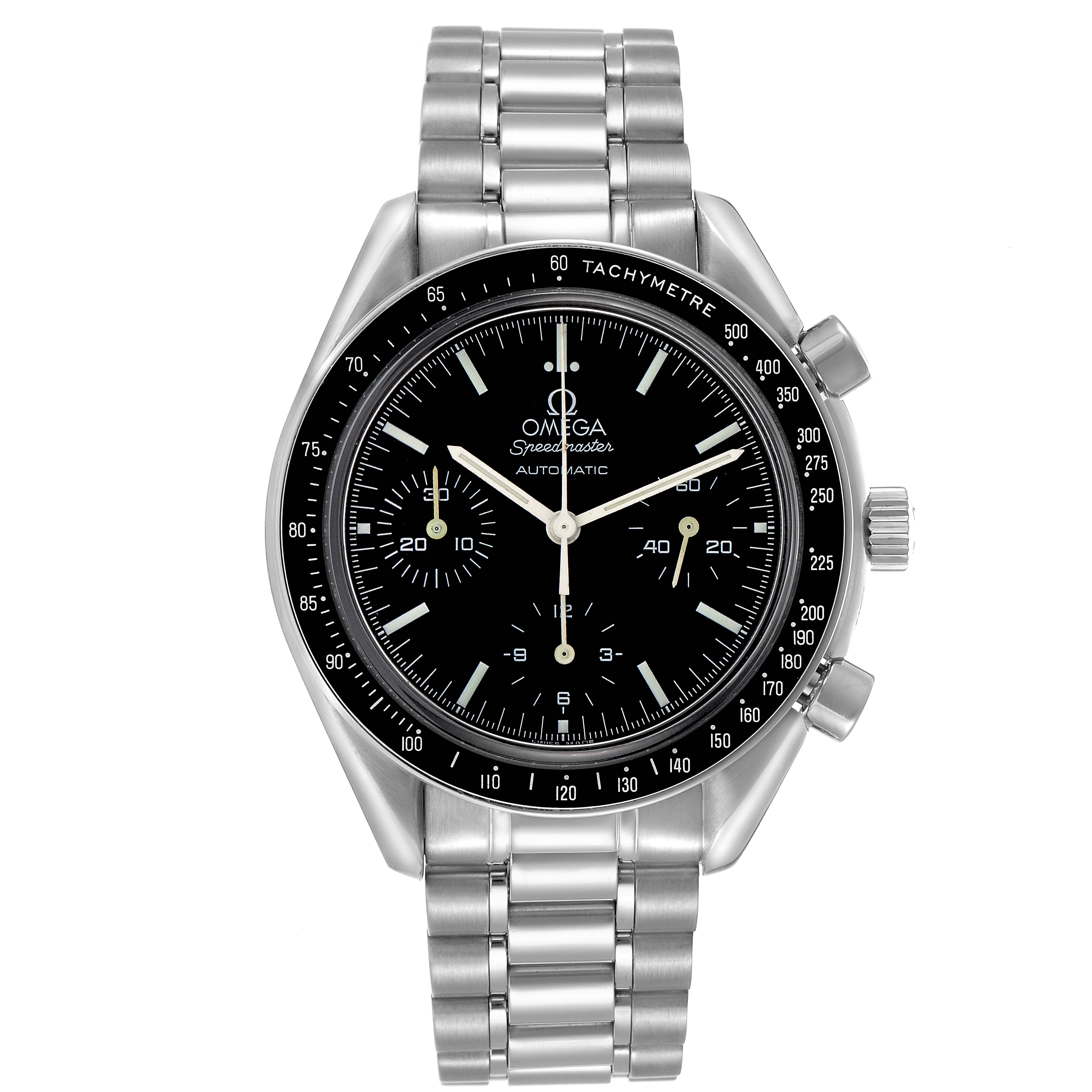 The image shows a frontal view of the Omega Speedmaster model 3539.50.00, featuring the watch face, tachymetric bezel, and stainless steel bracelet.