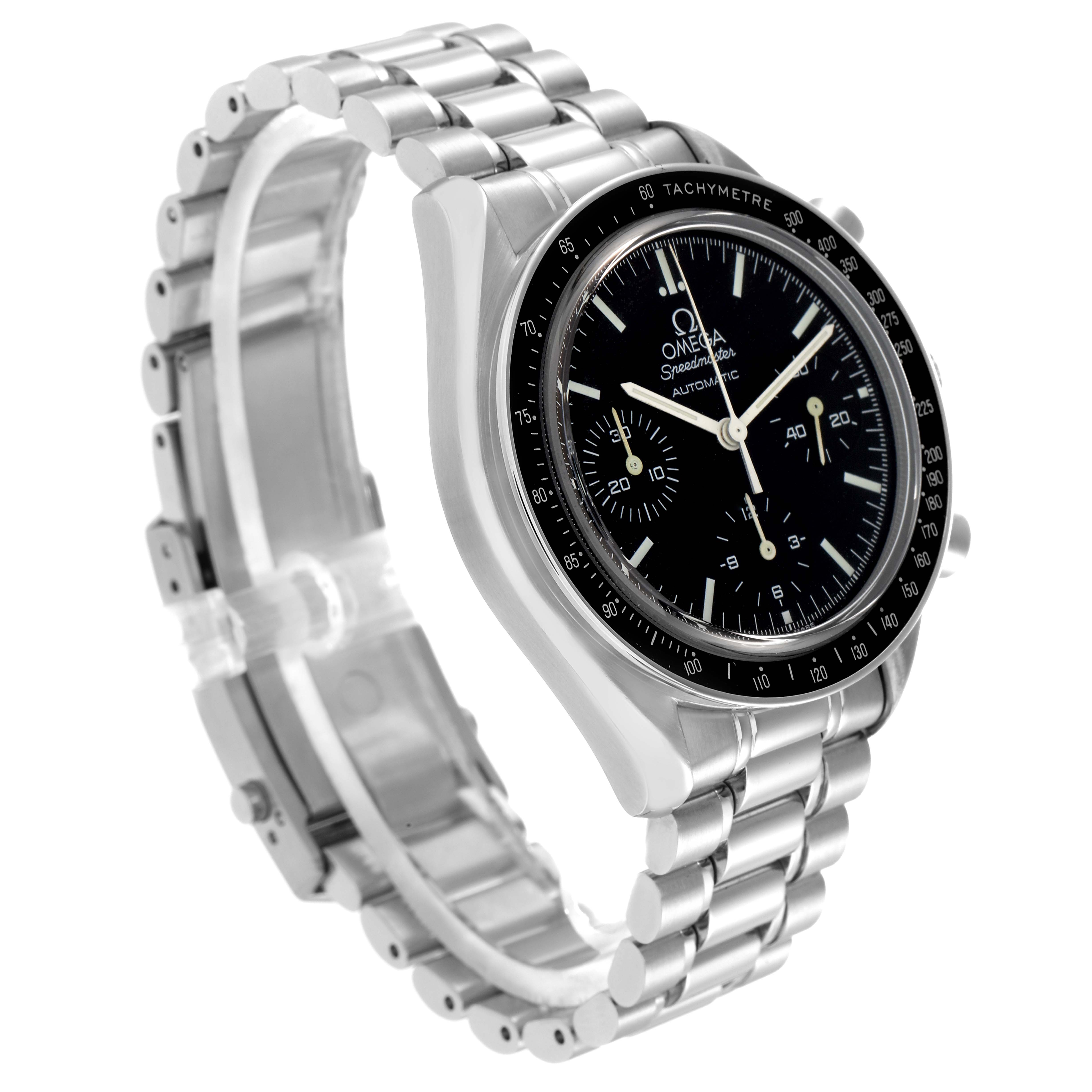 The Omega Speedmaster model 3539.50.00 is shown at a three-quarter angle, displaying the dial, bezel, and stainless steel bracelet.