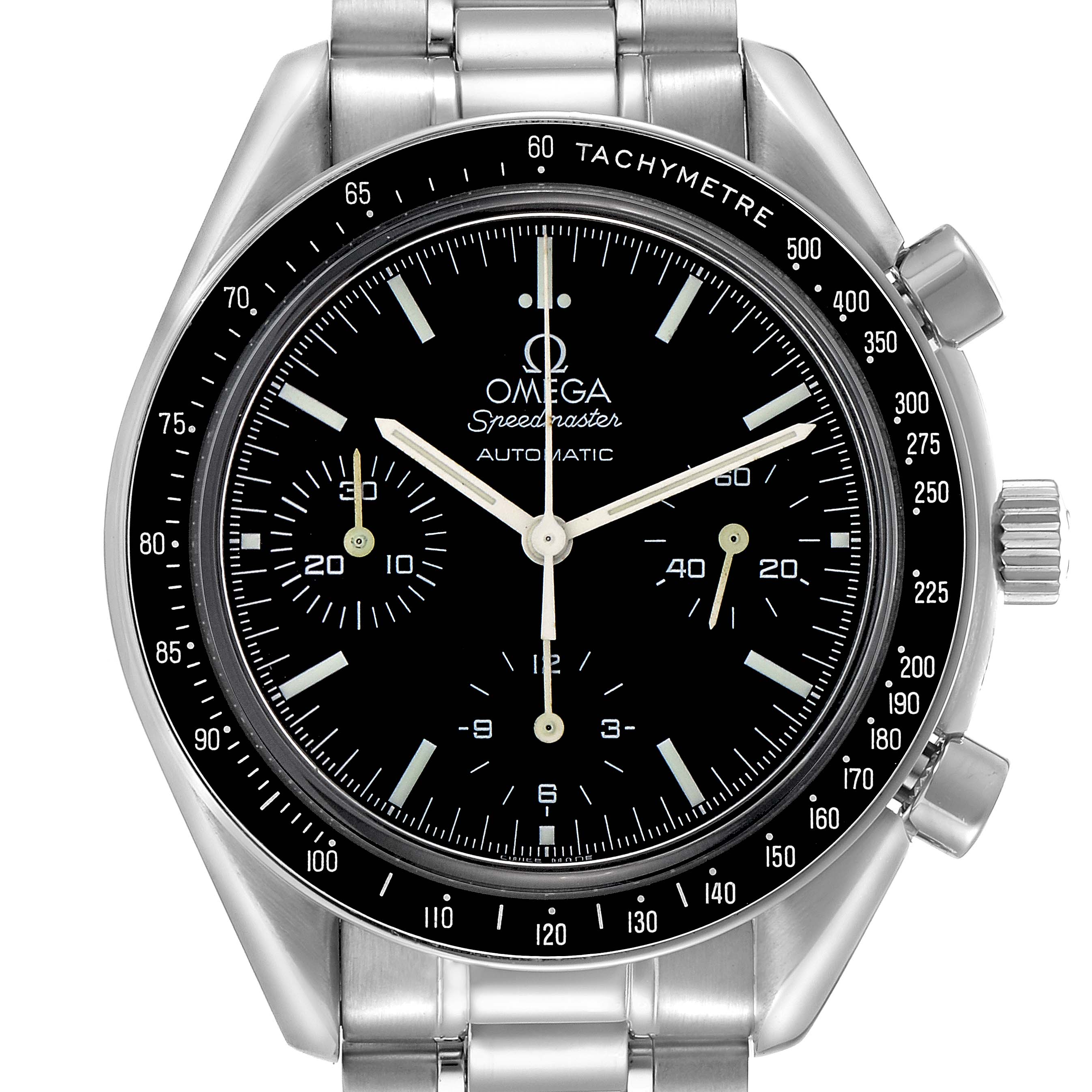 The Omega Speedmaster 3539.50.00 is shown from a frontal angle, displaying the full dial, bezel with tachymeter, and part of the stainless steel bracelet.