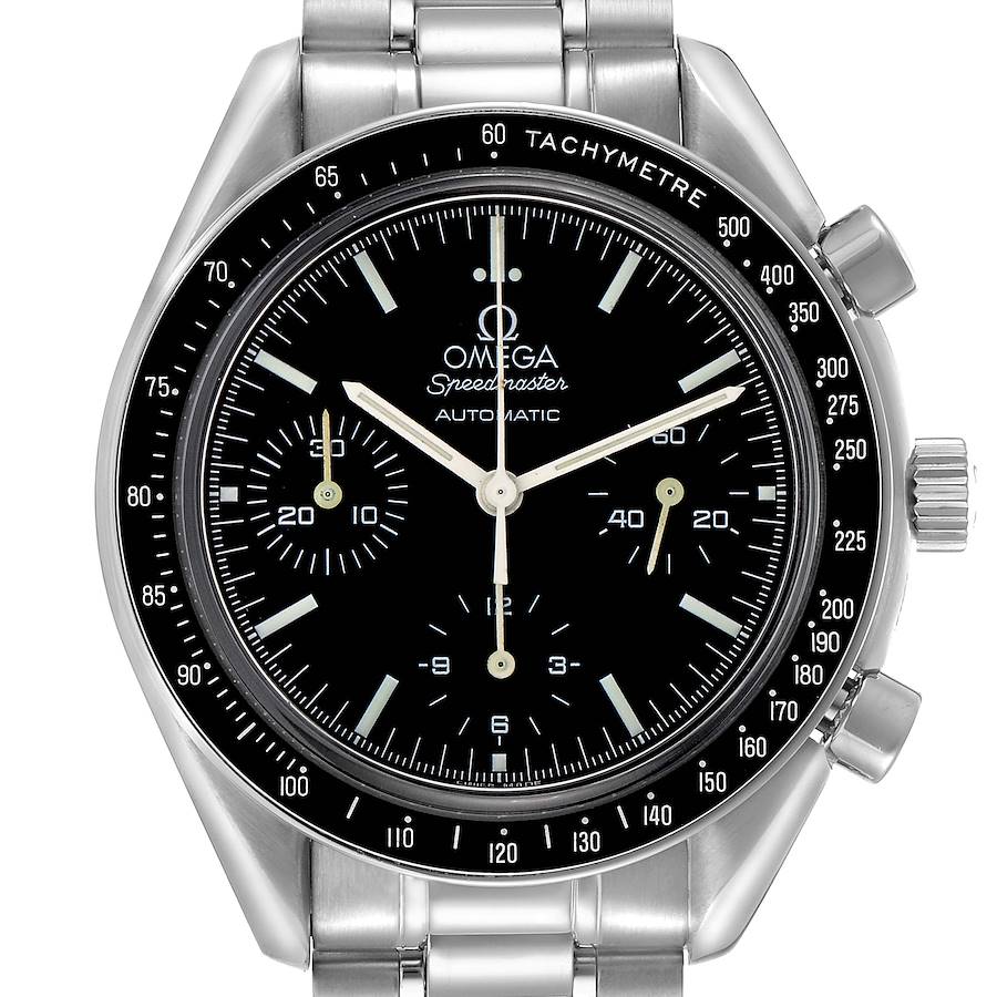 The Omega Speedmaster 3539.50.00 is shown from a frontal angle, displaying the full dial, bezel with tachymeter, and part of the stainless steel bracelet.