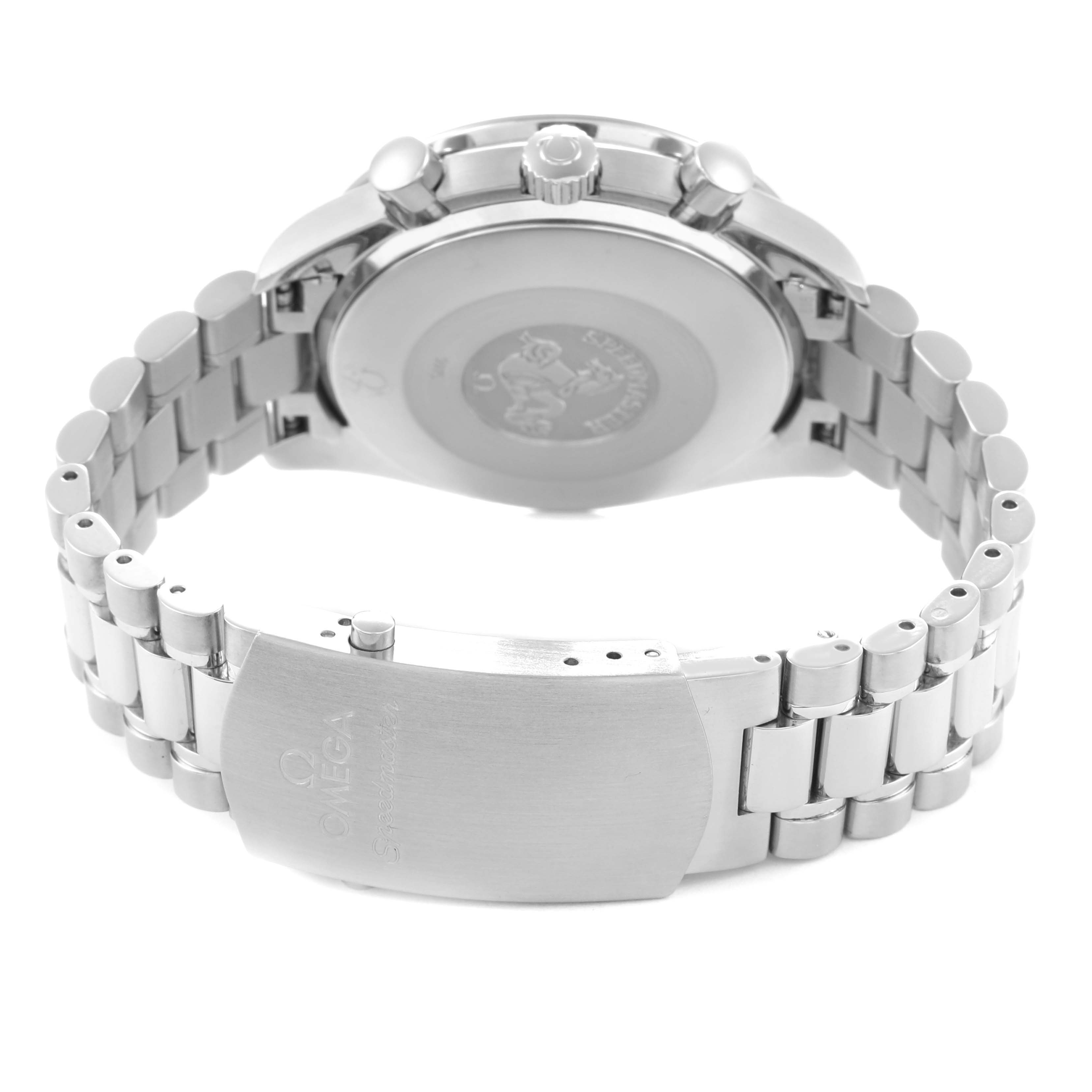 The image shows the Omega Speedmaster model 3539.50.00 from the back, featuring the caseback, bracelet, and clasp.