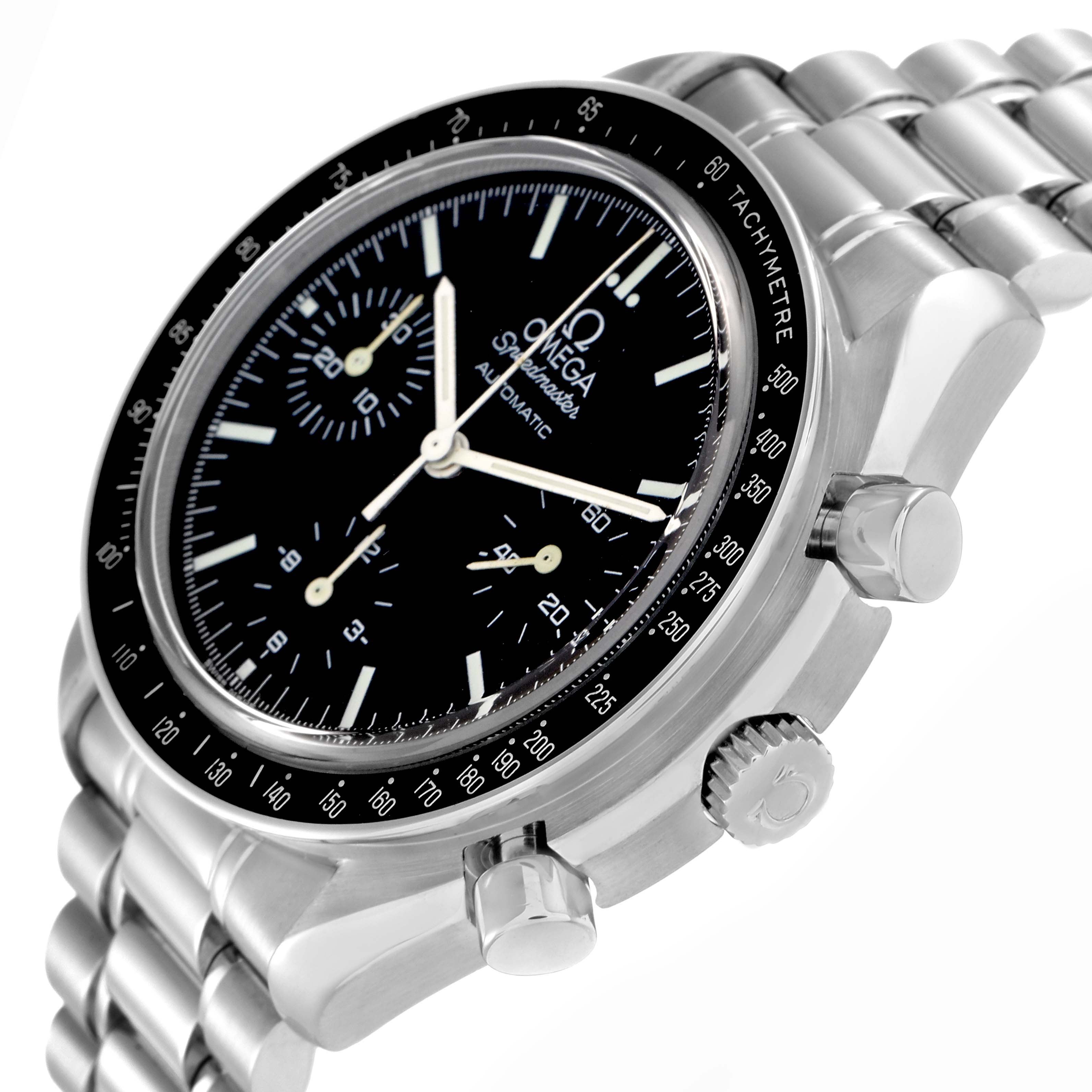 The Omega Speedmaster model 3539.50.00 watch is shown at an angled view, displaying its black dial, tachymeter bezel, and stainless steel bracelet.