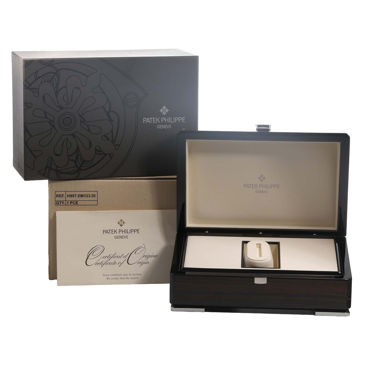 The image shows the Patek Philippe Complications 4936J-001 Men's Yellow Gold Mother of Pearl Dial watch packaging, including a presentation box, outer box, and certificate.