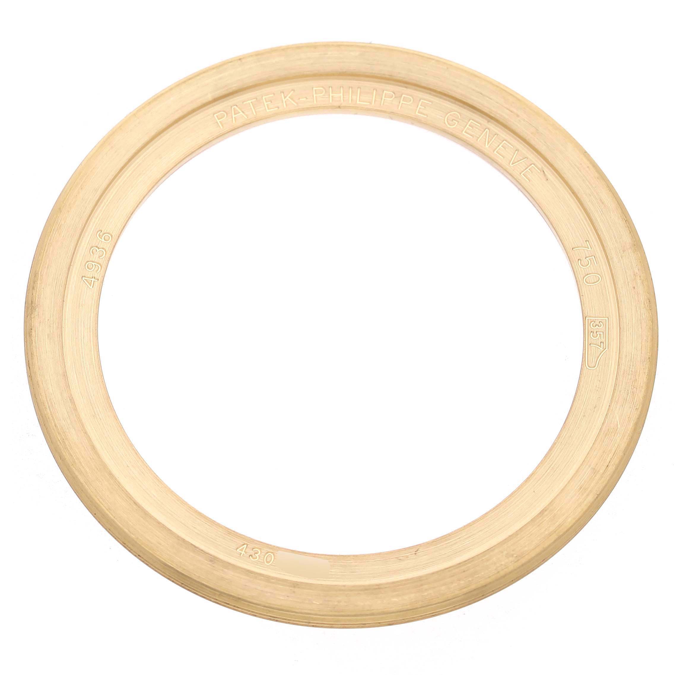 The image shows a gold bezel for the Patek Philippe Complications 4936J-001 Men's Yellow Gold Mother of Pearl Dial model viewed from above.