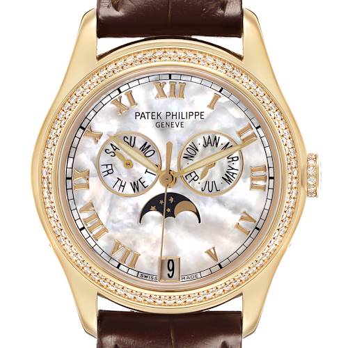 The Patek Philippe Complications 4936J-001 Men's Yellow Gold Mother of Pearl Dial watch is shown from the front, featuring a gold case, moon phase, and day, month, and date indicators.