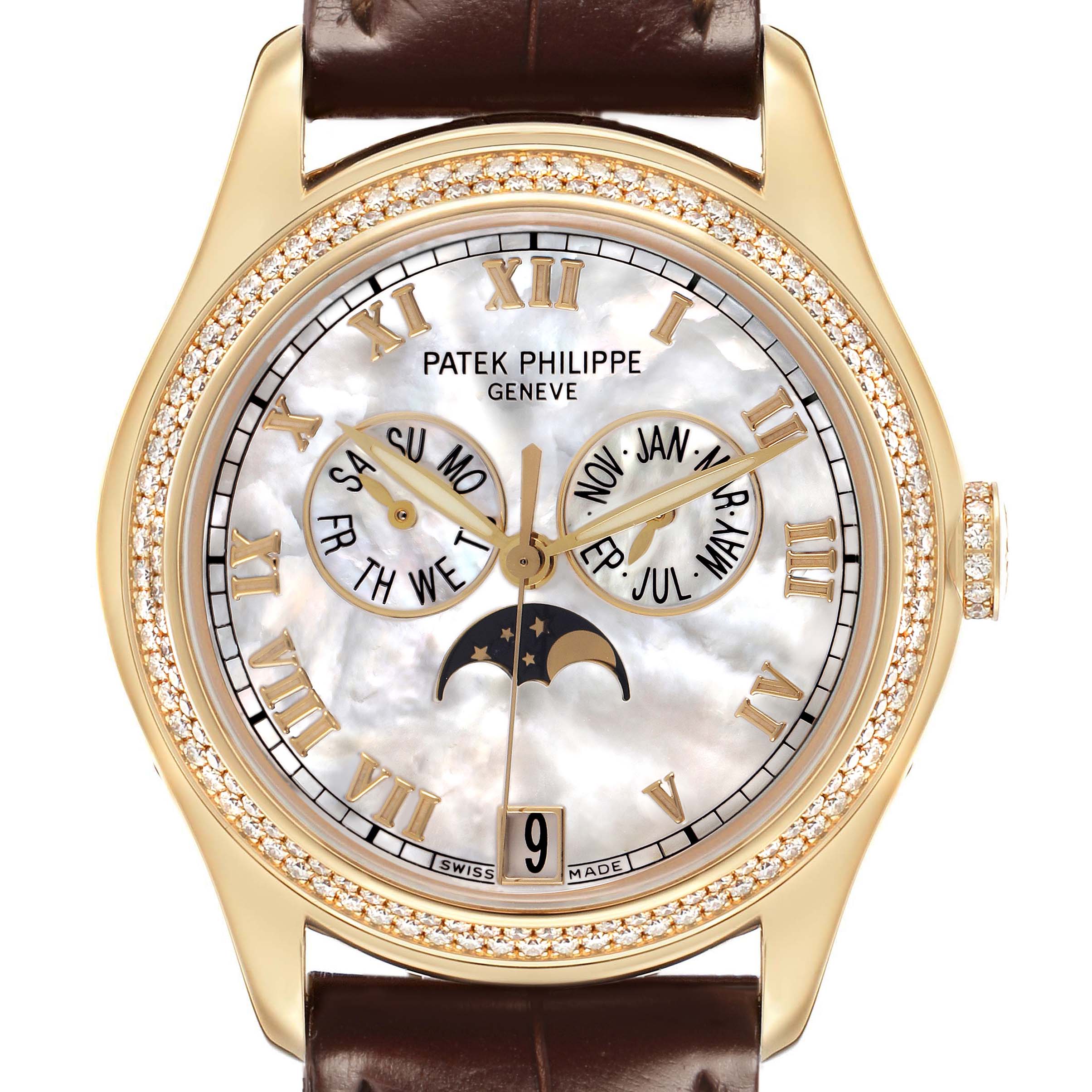 The image shows a frontal view of the Patek Philippe Complications 4936J-001 Men's Yellow Gold Mother of Pearl Dial watch, highlighting the dial, subdials, and moon phase.