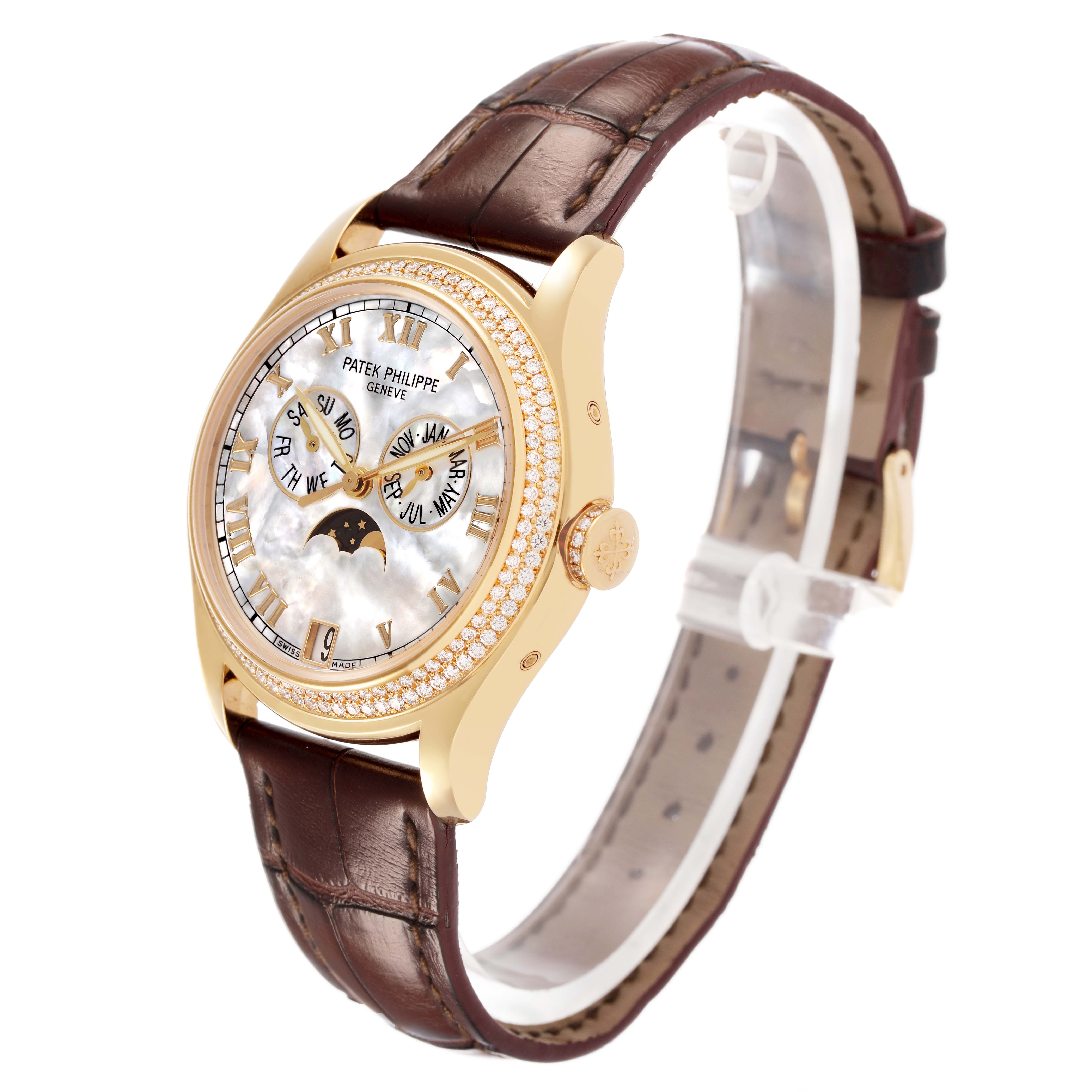 The Patek Philippe Complications 4936J-001 Men's Yellow Gold Mother of Pearl Dial watch is shown at a three-quarter angle, highlighting its dial, bezel, crown, and leather strap.