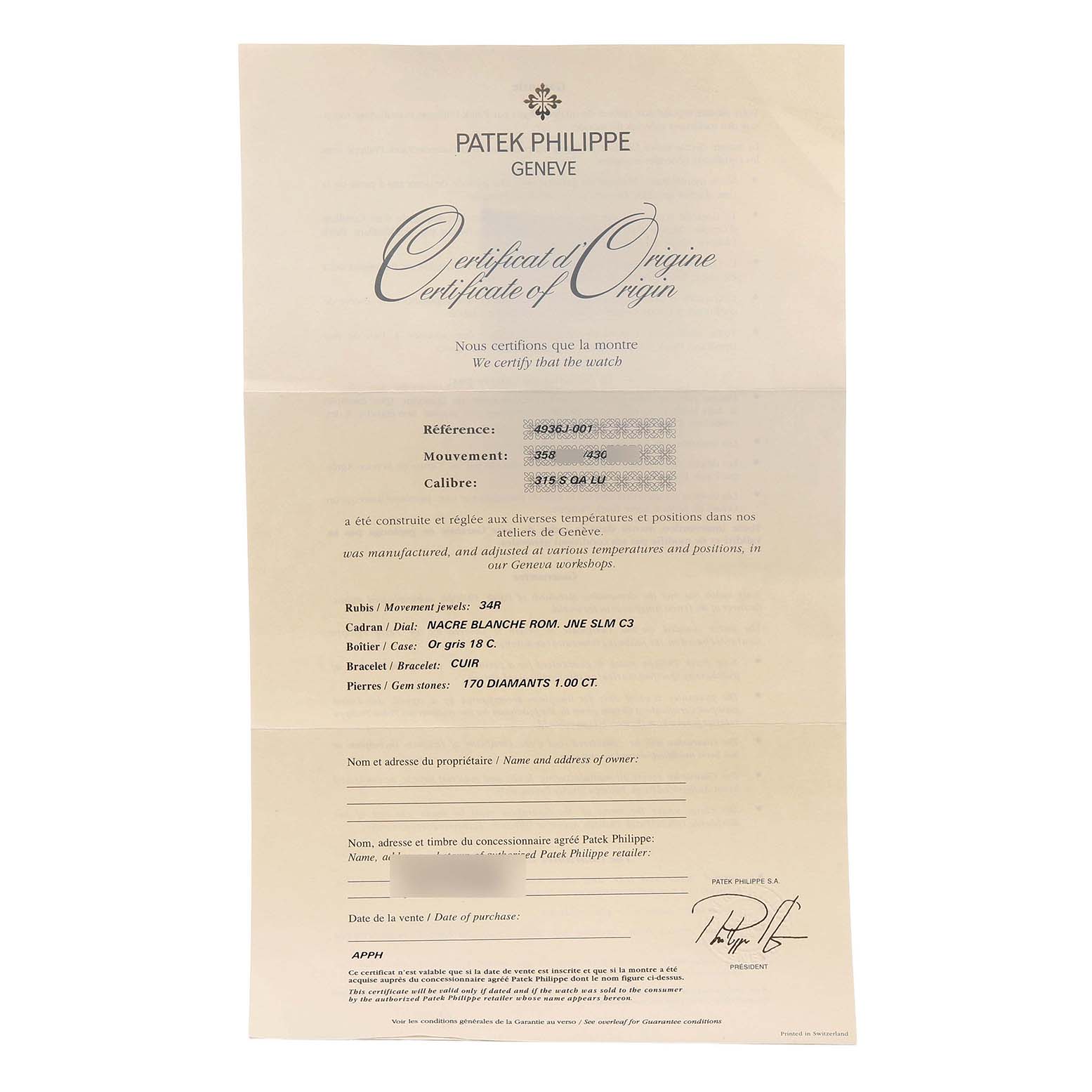 The image shows a "Certificate of Origin" for a Patek Philippe Complications 4936J-001 Men's Yellow Gold Mother of Pearl Dial model.