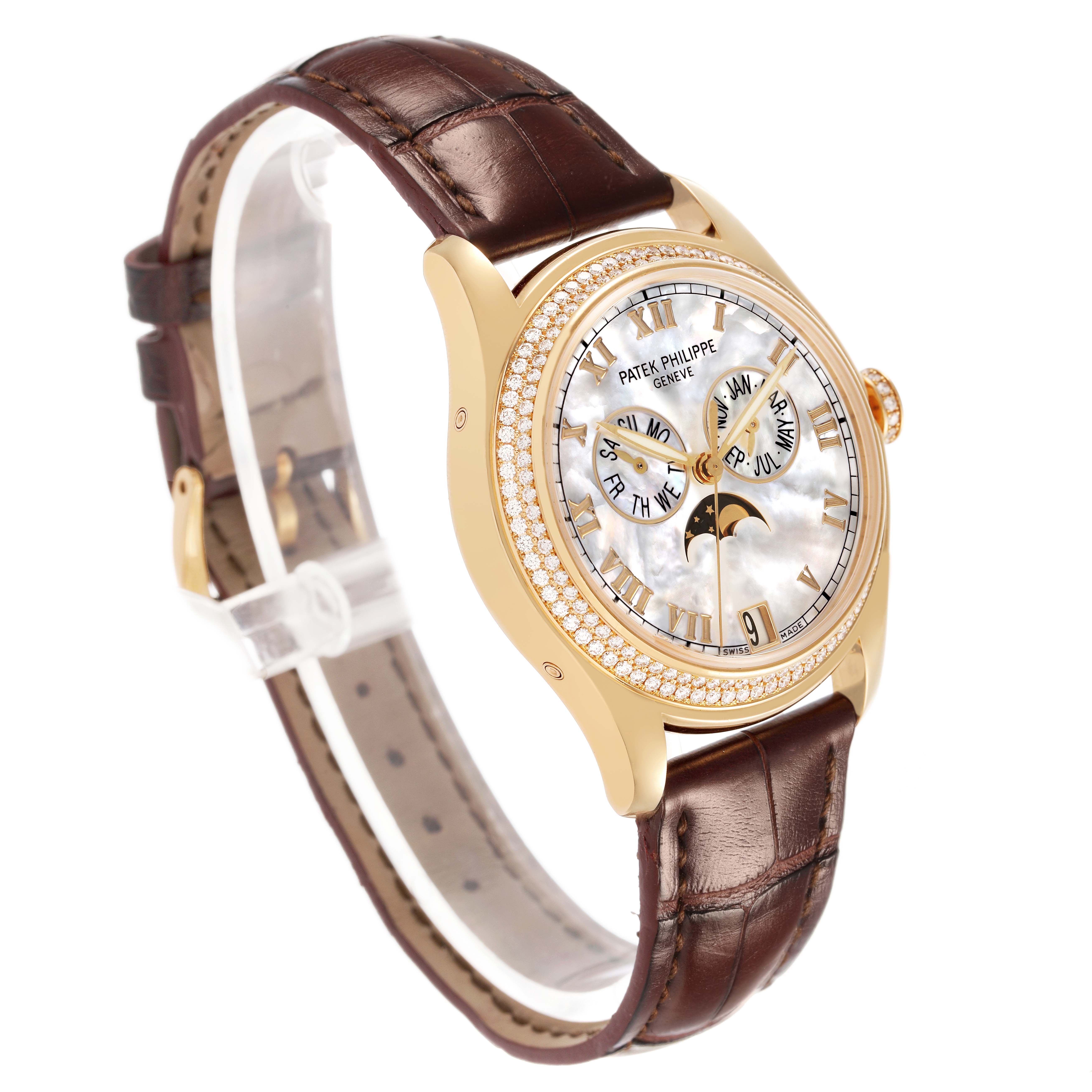 The Patek Philippe Complications 4936J-001 Men's Yellow Gold Mother of Pearl Dial watch is shown at a three-quarter angle, highlighting the dial, case, and leather strap.