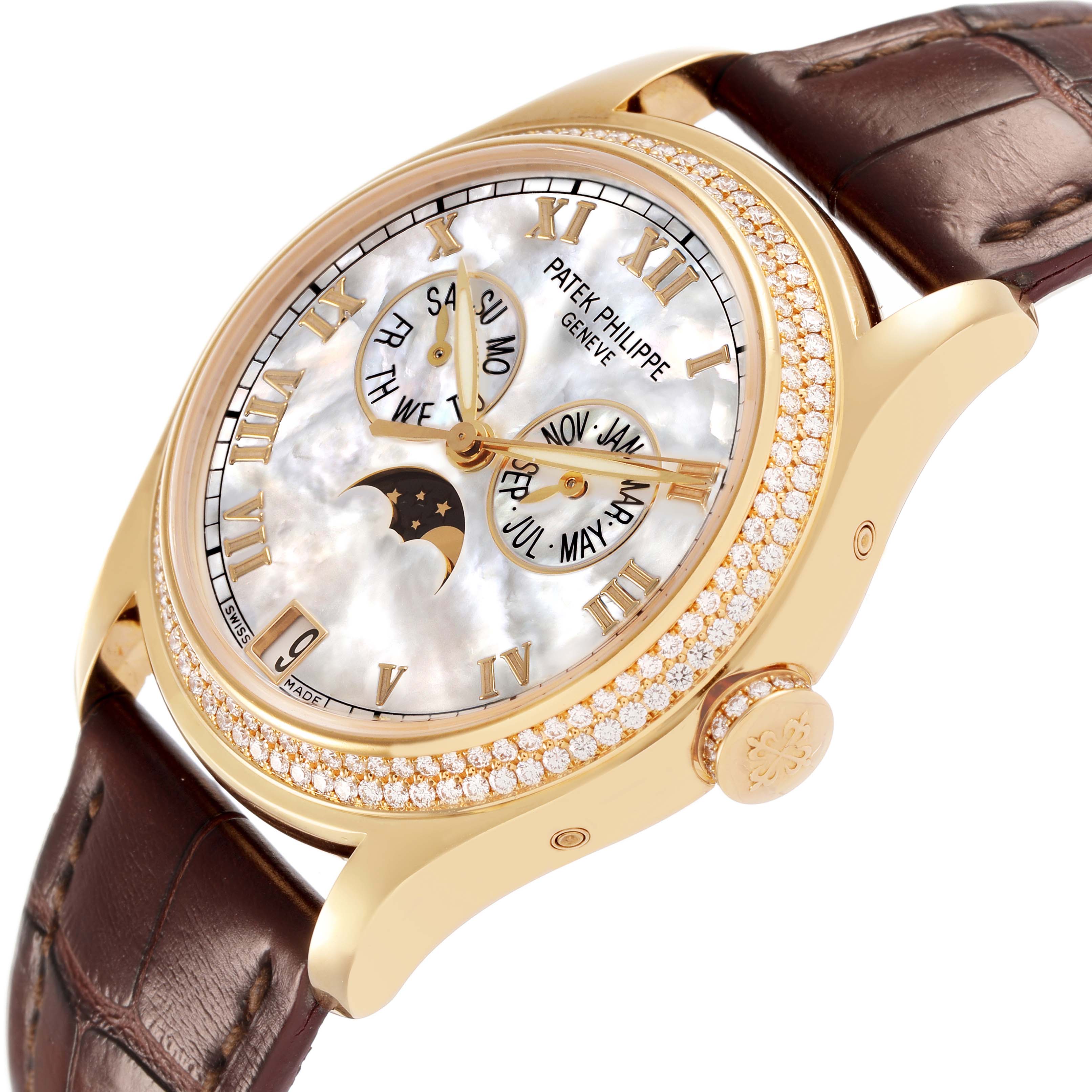 The Patek Philippe Complications 4936J-001 Men's Yellow Gold Mother of Pearl Dial watch is shown at an angled side view, highlighting the case, dial, crown, and strap.