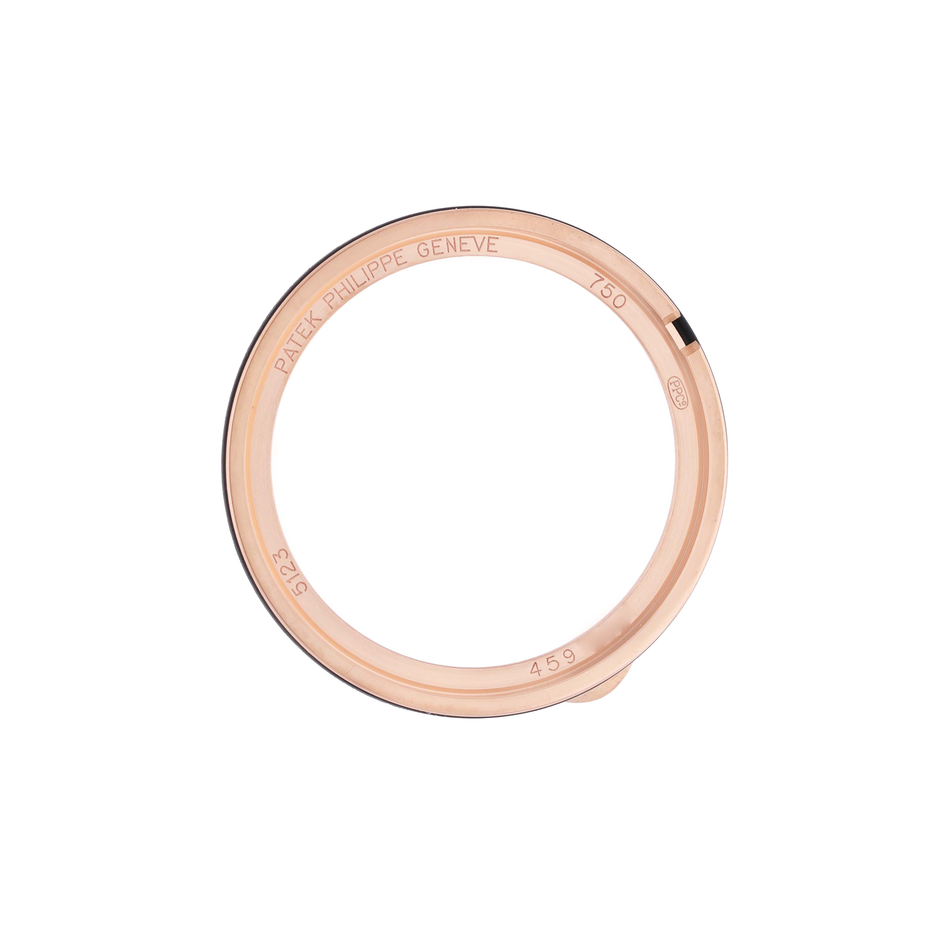 The image shows the watch bezel of a Patek Philippe Calatrava 5123R-001 Men's Rose Gold Silver Dial, viewed from above.
