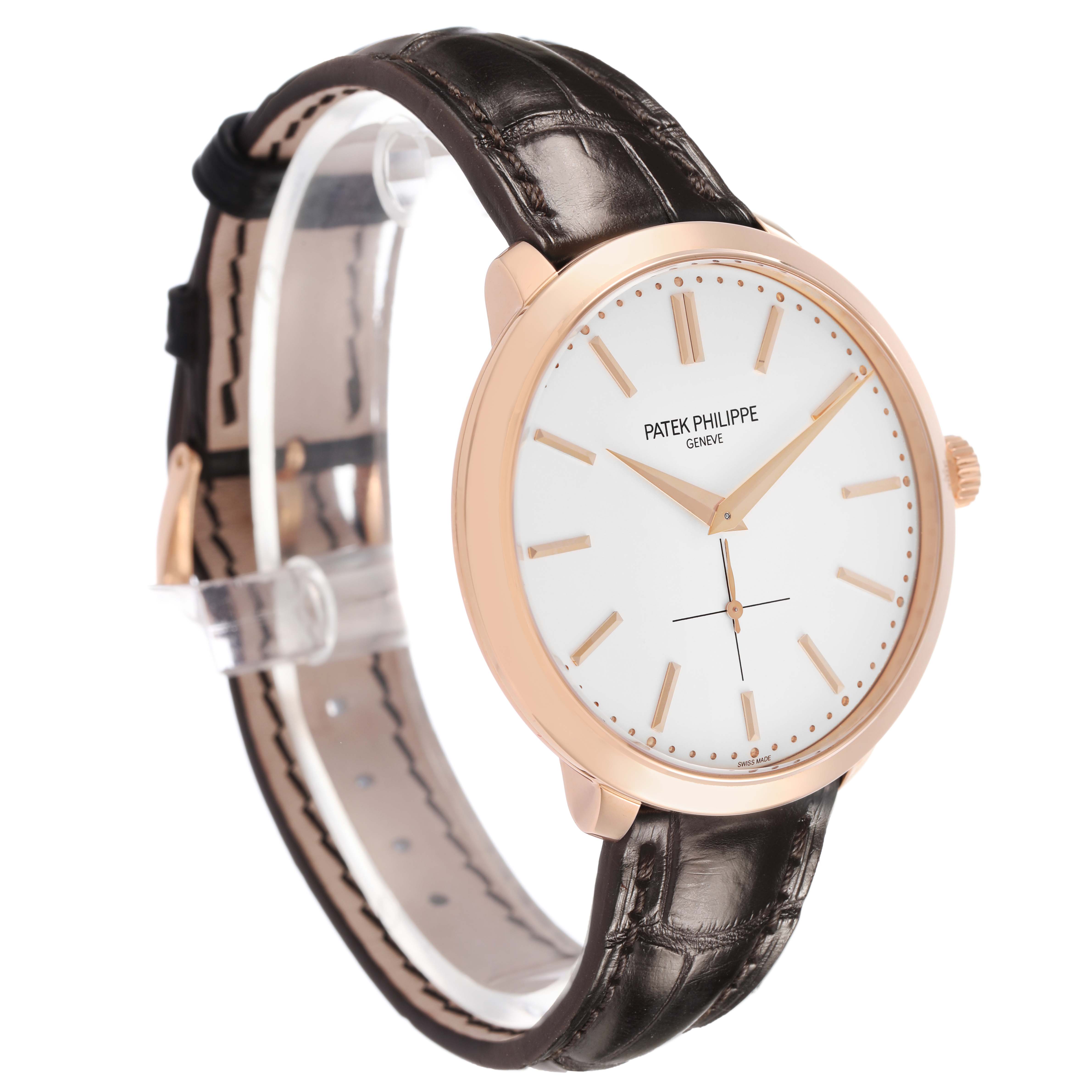 The Patek Philippe Calatrava 5123R-001 Men's Rose Gold Silver Dial watch is shown at a three-quarter angle, highlighting the face, bezel, and leather strap.