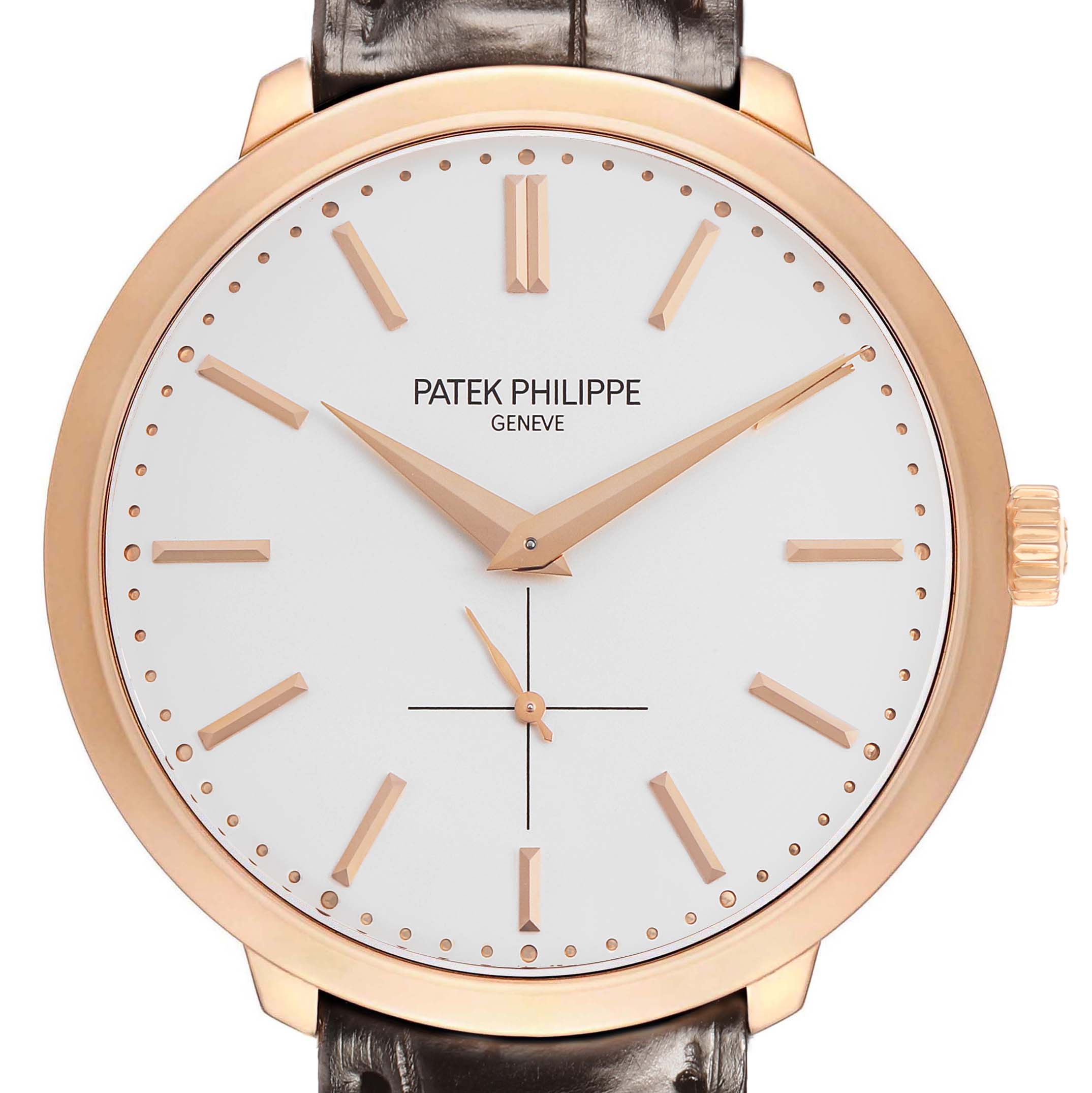The Patek Philippe Calatrava 5123R-001 Men's Rose Gold Silver Dial watch is shown from the front, highlighting its dial, hands, markers, and part of the strap.