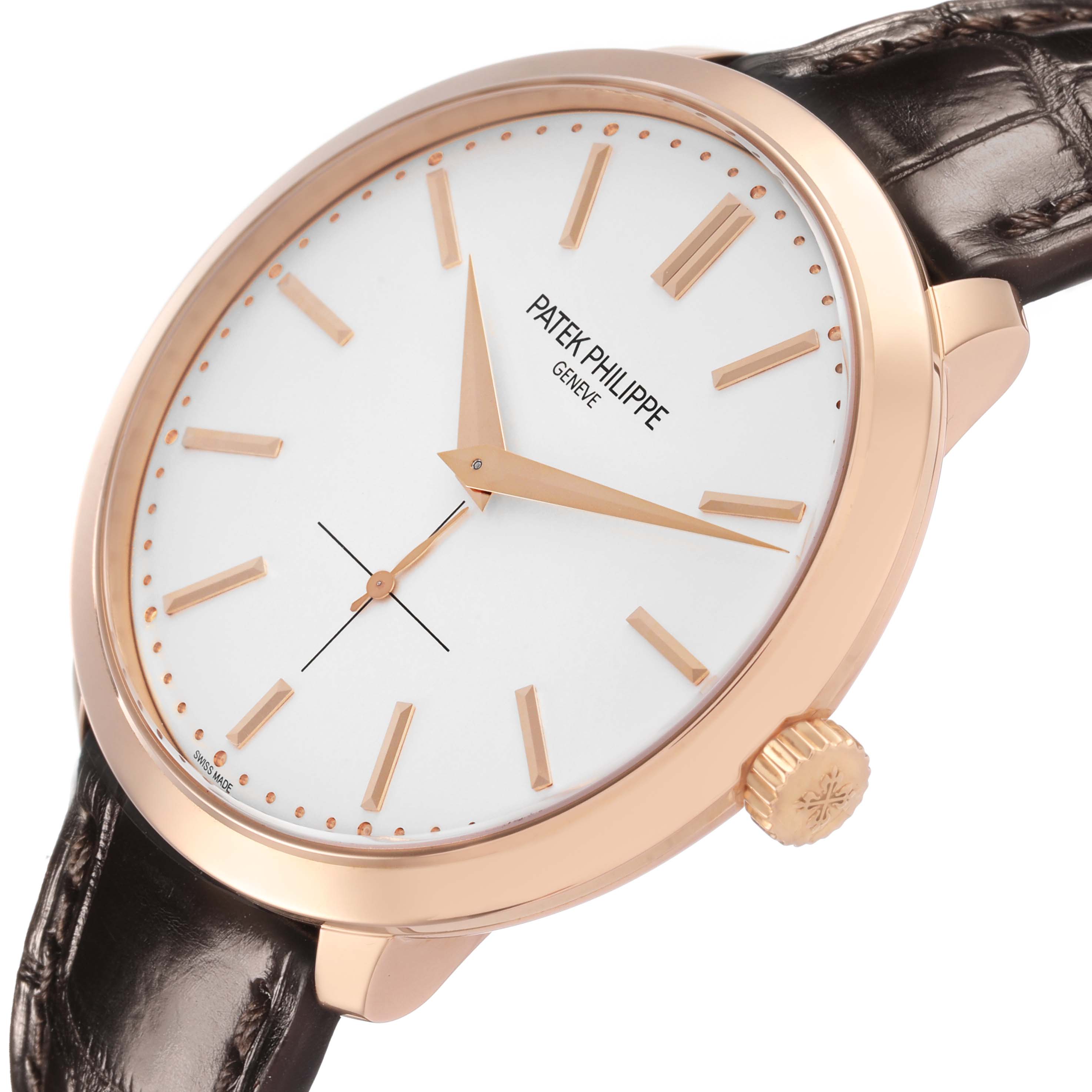 The Patek Philippe Calatrava 5123R-001 Men's Rose Gold Silver Dial watch is shown at an angled side view, displaying the dial, hands, crown, and leather strap.