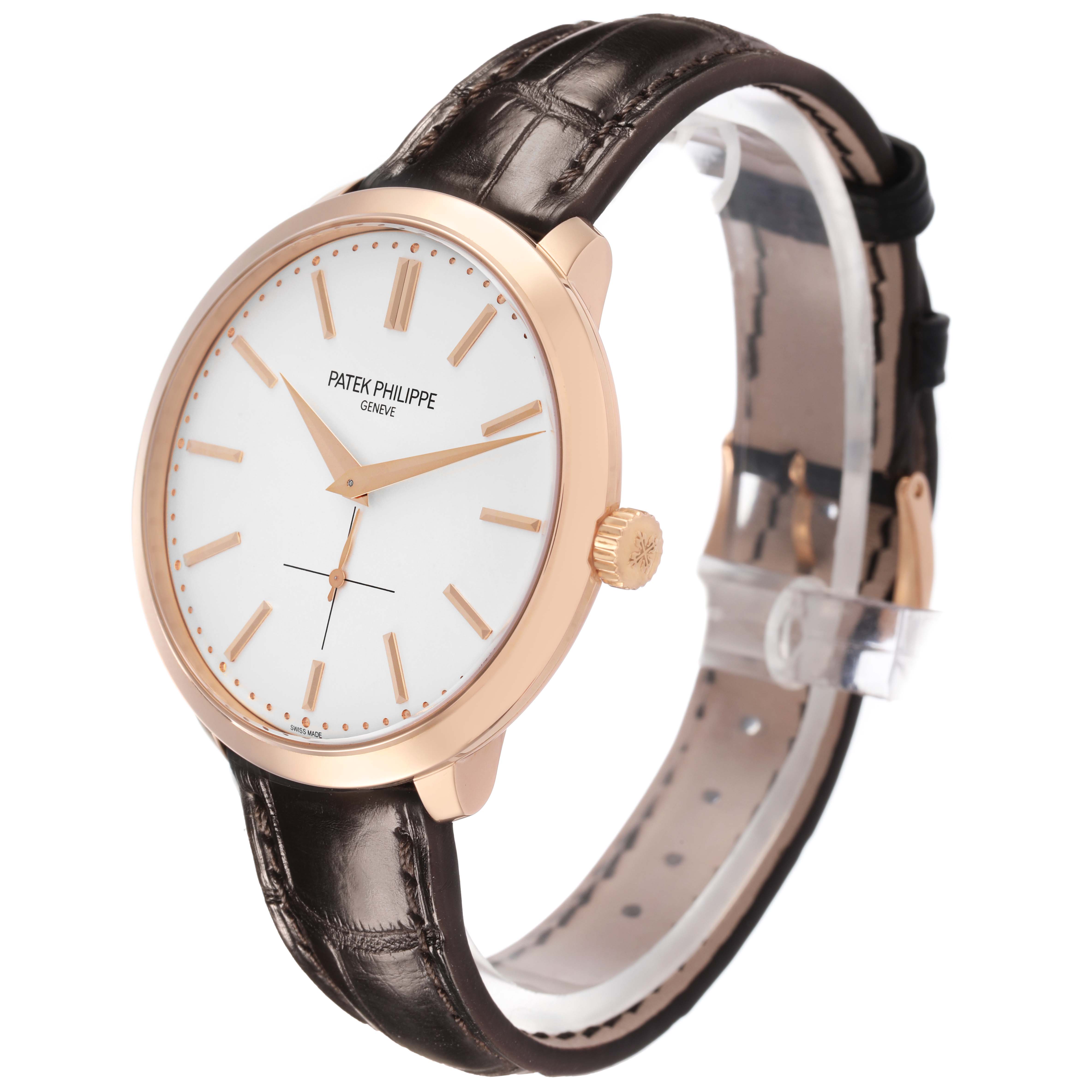 The image shows a side angle of the Patek Philippe Calatrava 5123R-001 Men's Rose Gold Silver Dial watch, highlighting its face, crown, and leather strap.