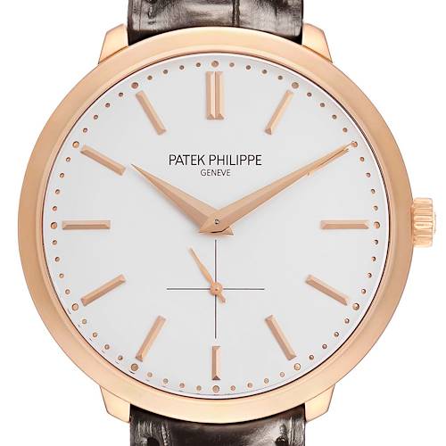 The image shows a frontal view of the Patek Philippe Calatrava 5123R-001 Men's Rose Gold Silver Dial watch, highlighting the face, hands, and crown.