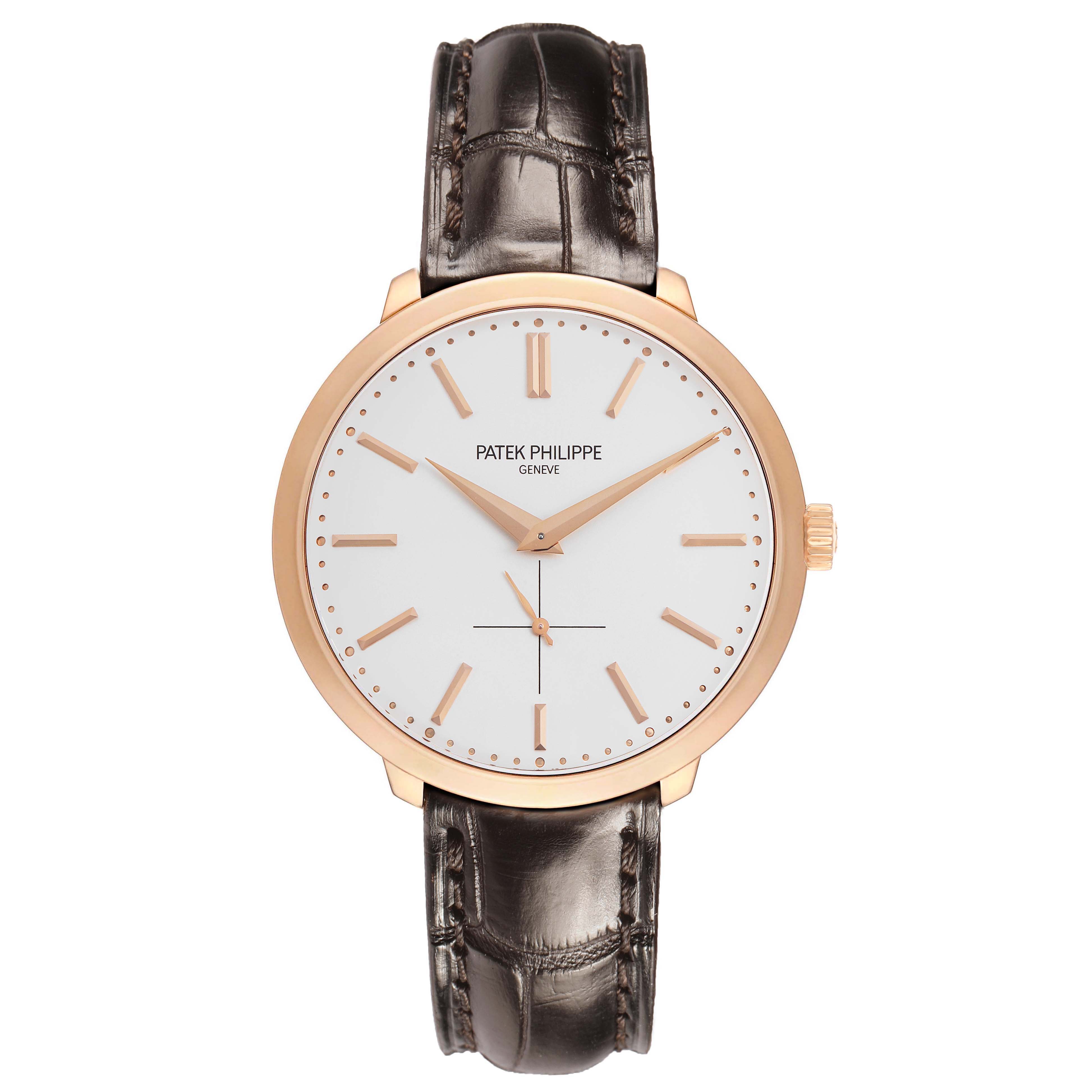 The Patek Philippe Calatrava 5123R-001 Men's Rose Gold Silver Dial watch is shown from a top-down angle, displaying the face, case, and leather strap.