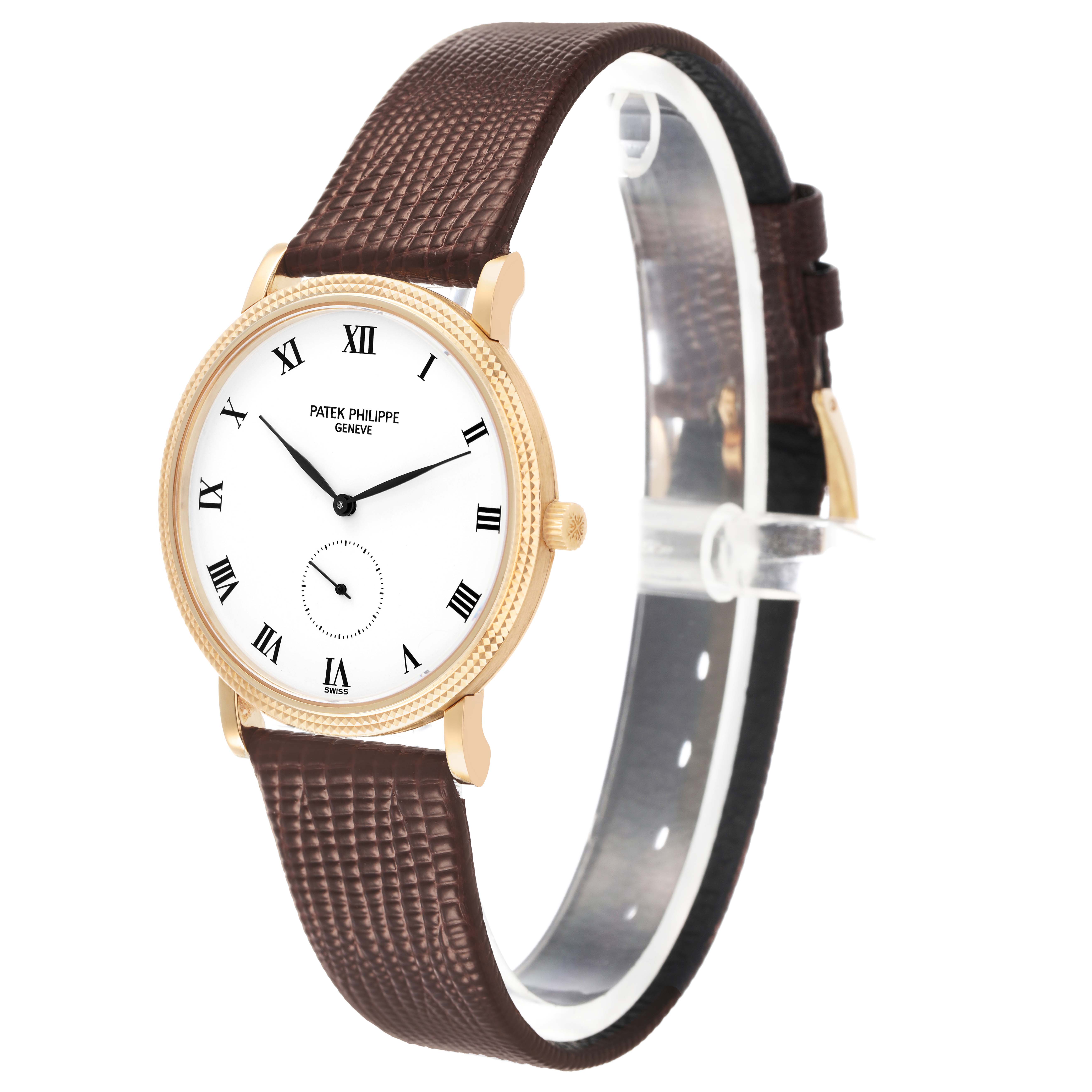 The Patek Philippe Calatrava 3919J Men's Yellow Gold White Dial watch is shown at a side angle, highlighting its gold case, white dial, Roman numerals, and brown leather strap.