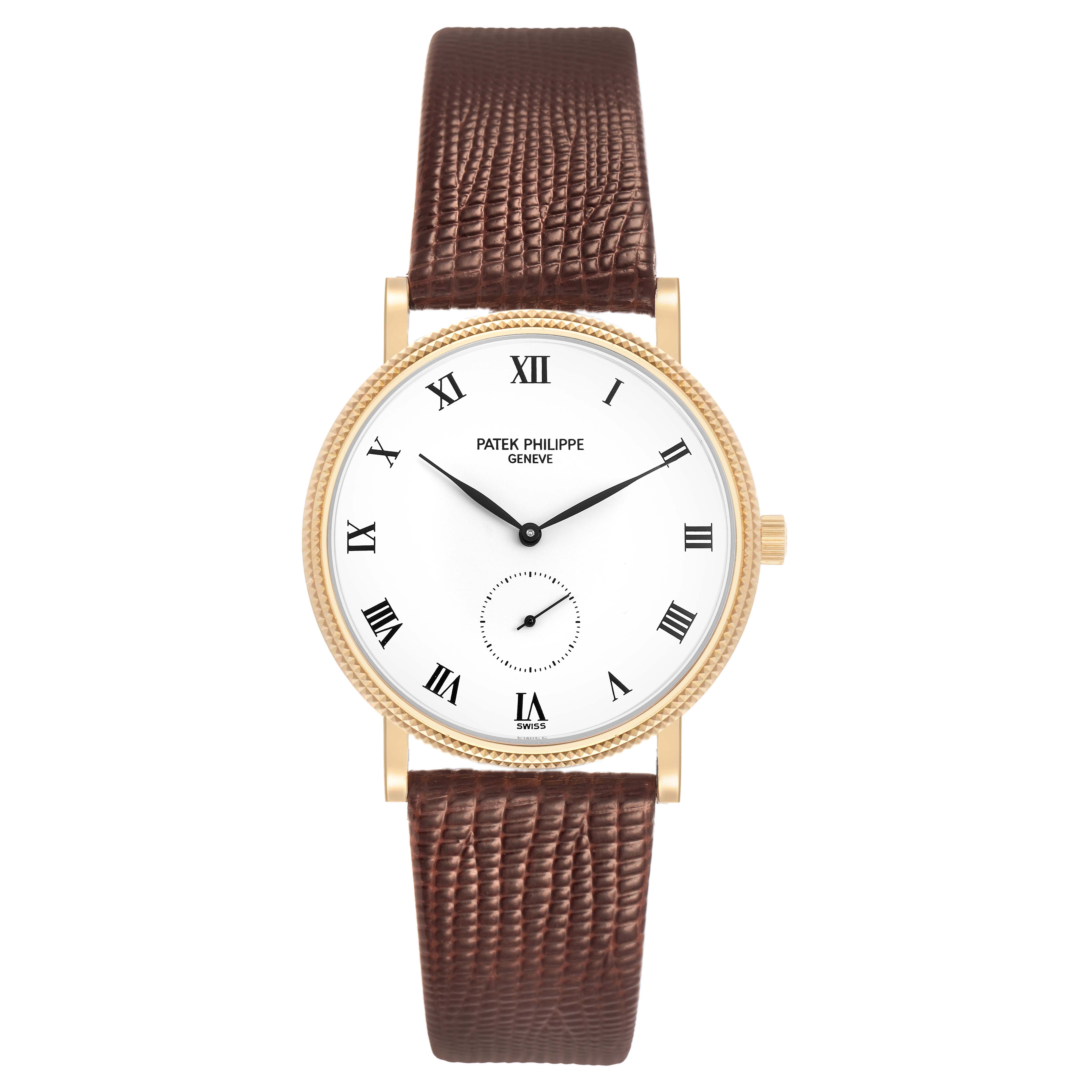 The Patek Philippe Calatrava 3919J Men's Yellow Gold White Dial watch is shown from the front, displaying its round face, Roman numerals, and brown textured strap.