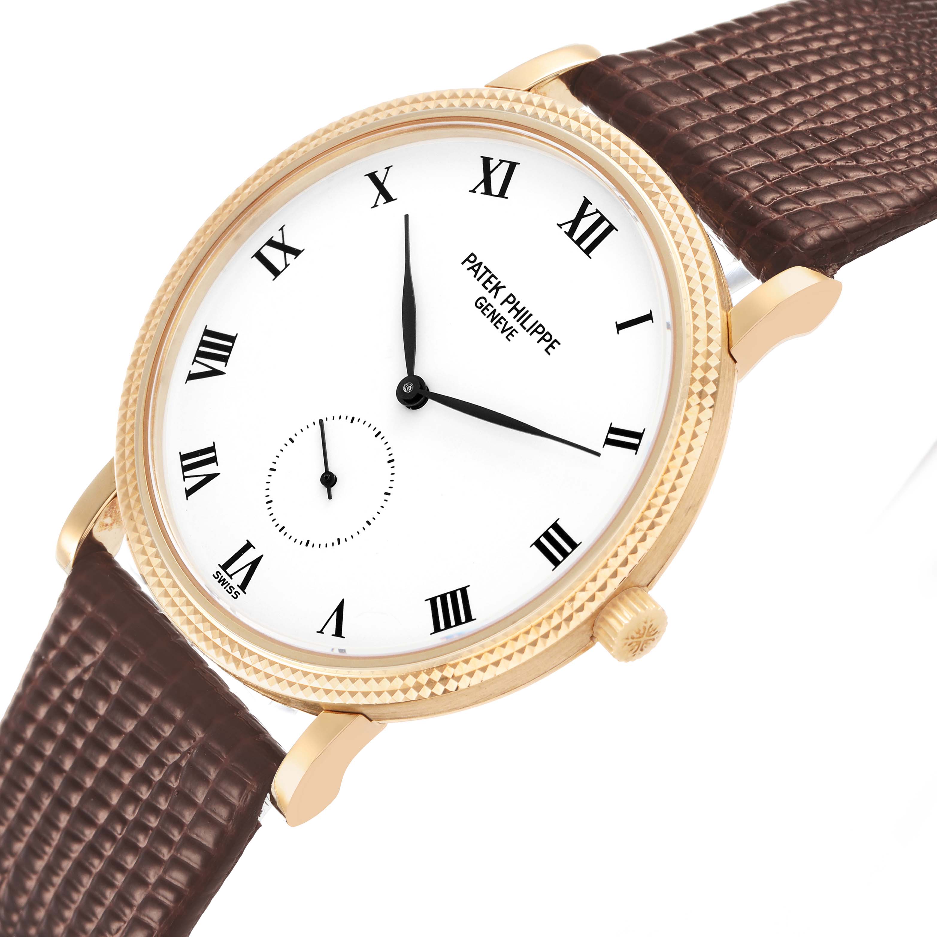 The Patek Philippe Calatrava 3919J Men's Yellow Gold White Dial watch is shown from a slightly angled side view, highlighting the dial, case, and leather strap.