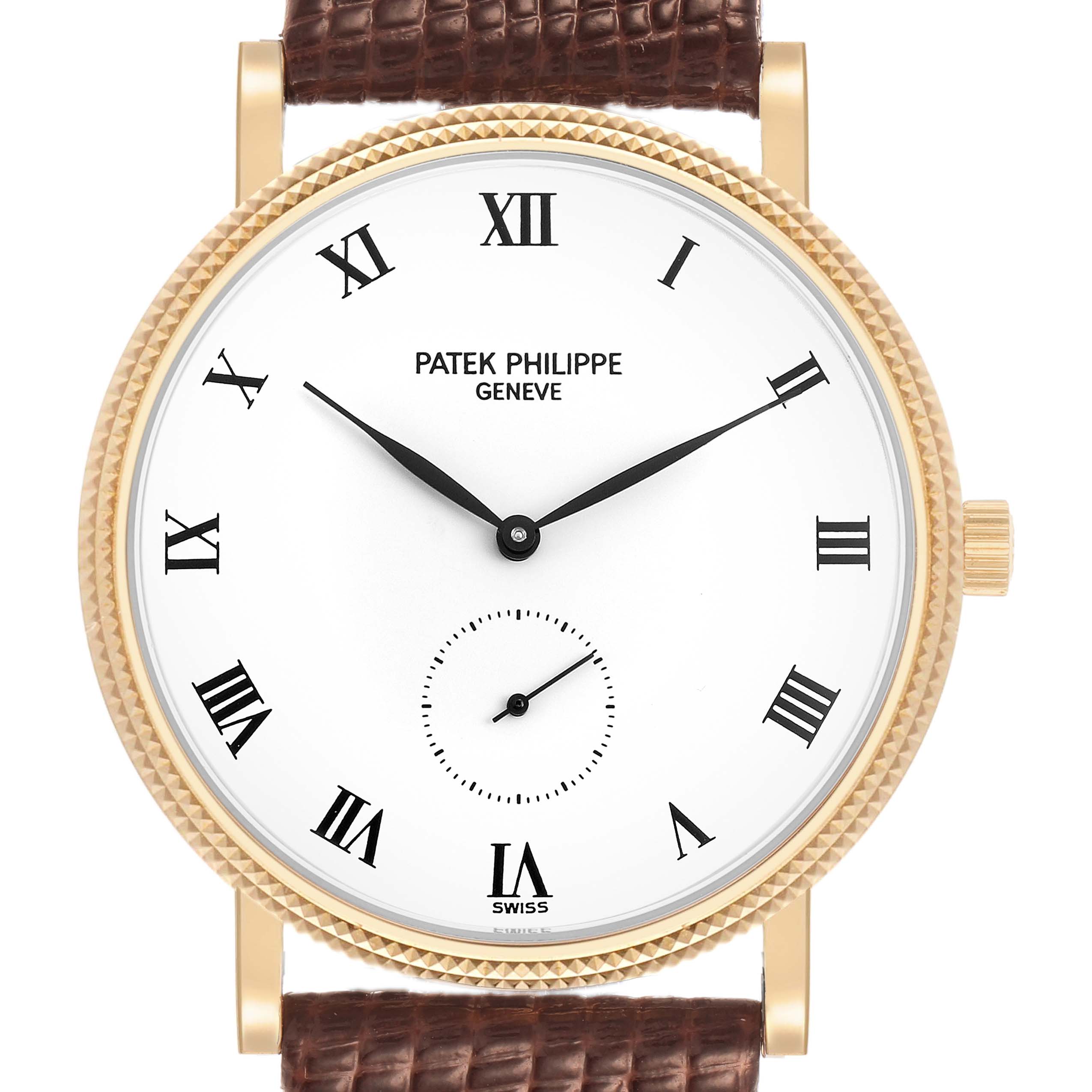 The Patek Philippe Calatrava 3919J Men's Yellow Gold White Dial watch is shown from a front view, highlighting the Roman numeral dial, gold case, and brown leather strap.