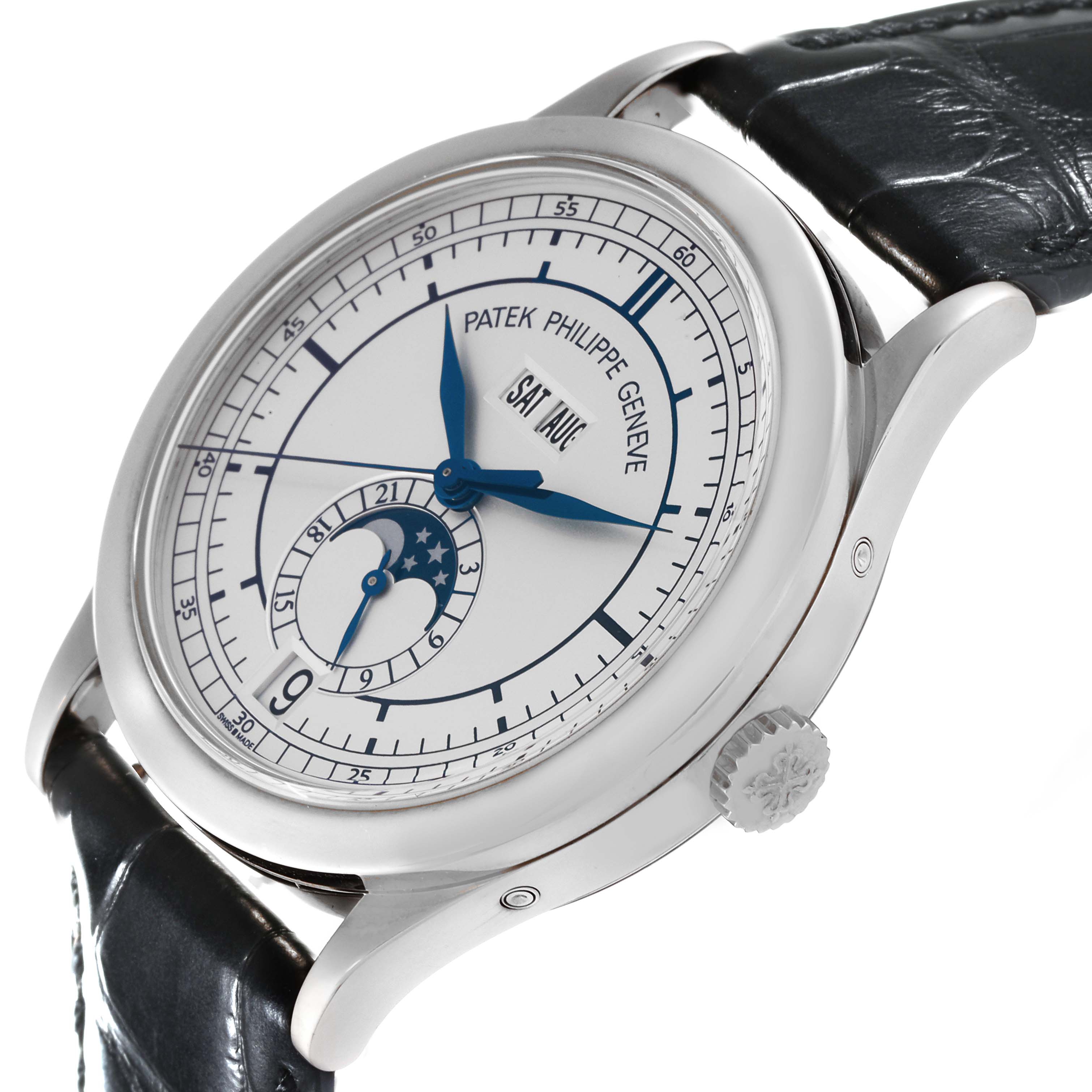 The image shows a side angle view of the Patek Philippe Complications 5396G Men
s White Gold Silver Dial 5396G Men
s White Gold Silver Dial model watch, highlighting its face, crown, and strap.