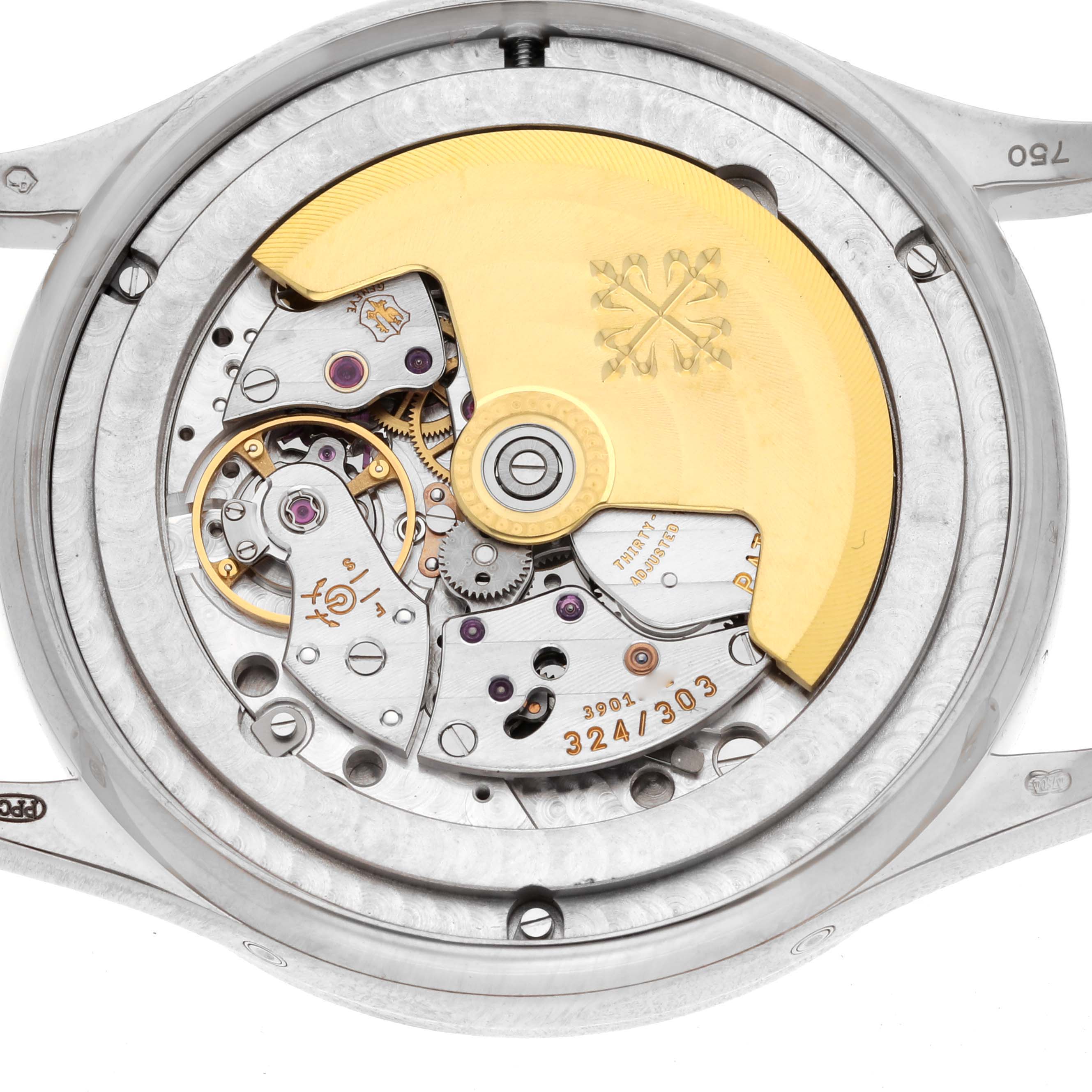 The image shows the back view of the movement mechanism of a Patek Philippe Complications 5396G Men
s White Gold Silver Dial 5396G Men
s White Gold Silver Dial model watch.