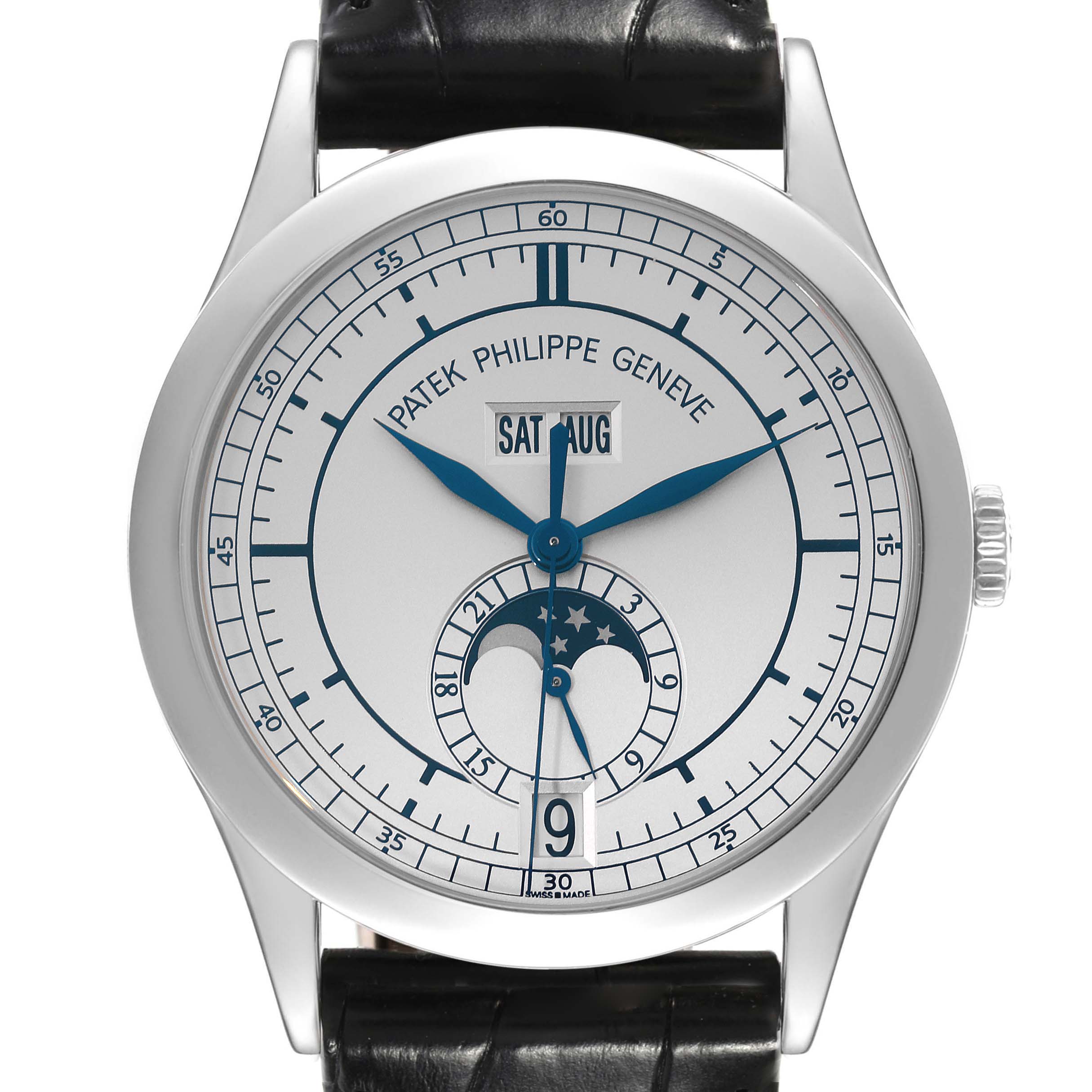 The image shows a front view of the Patek Philippe Complications 5396G Men
s White Gold Silver Dial 5396G Men
s White Gold Silver Dial watch, displaying its dial, moon phase, and date functions.